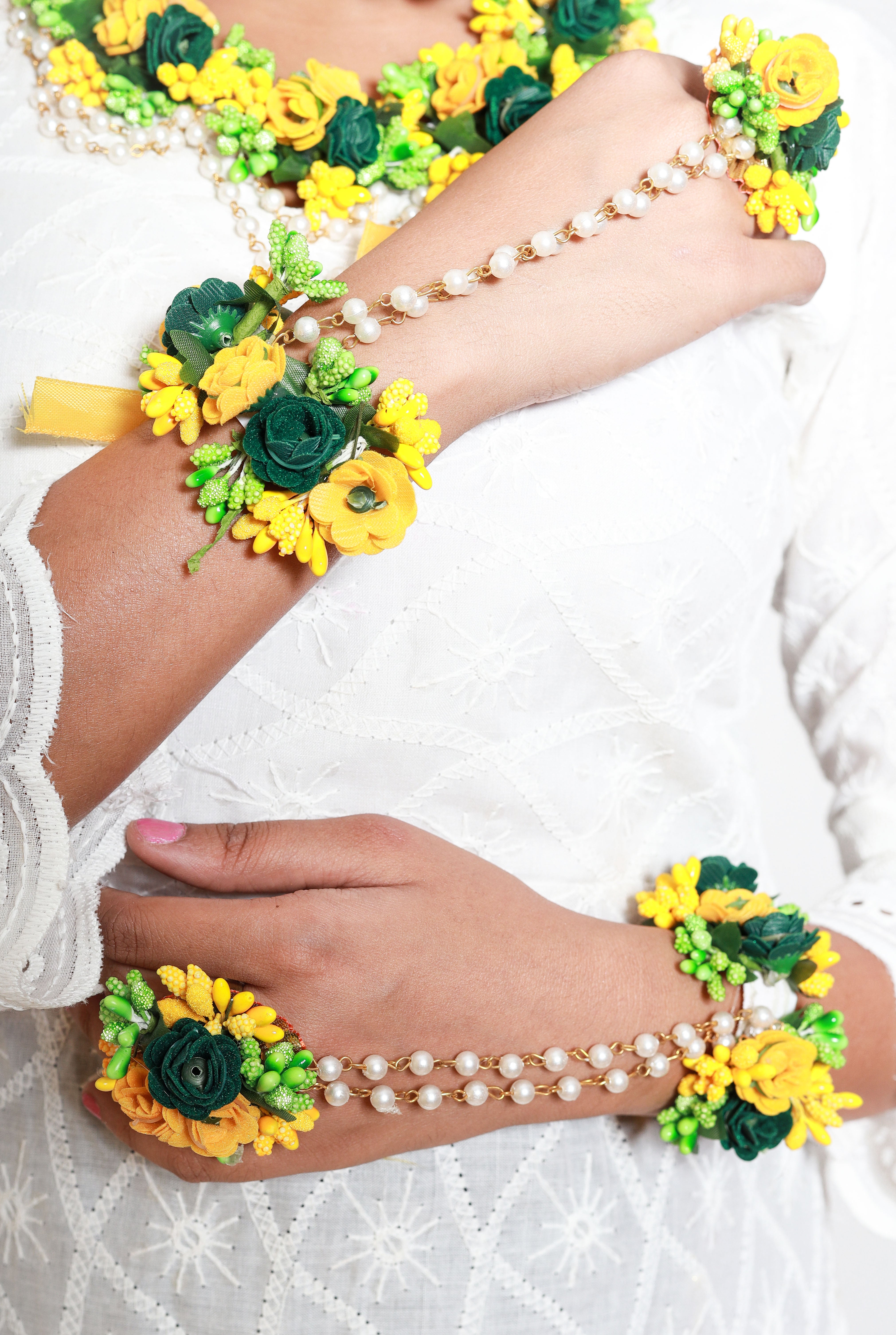 Personalized Yellow & Green Floral Jewelry Set with Earrings for Haldi & Mehendi