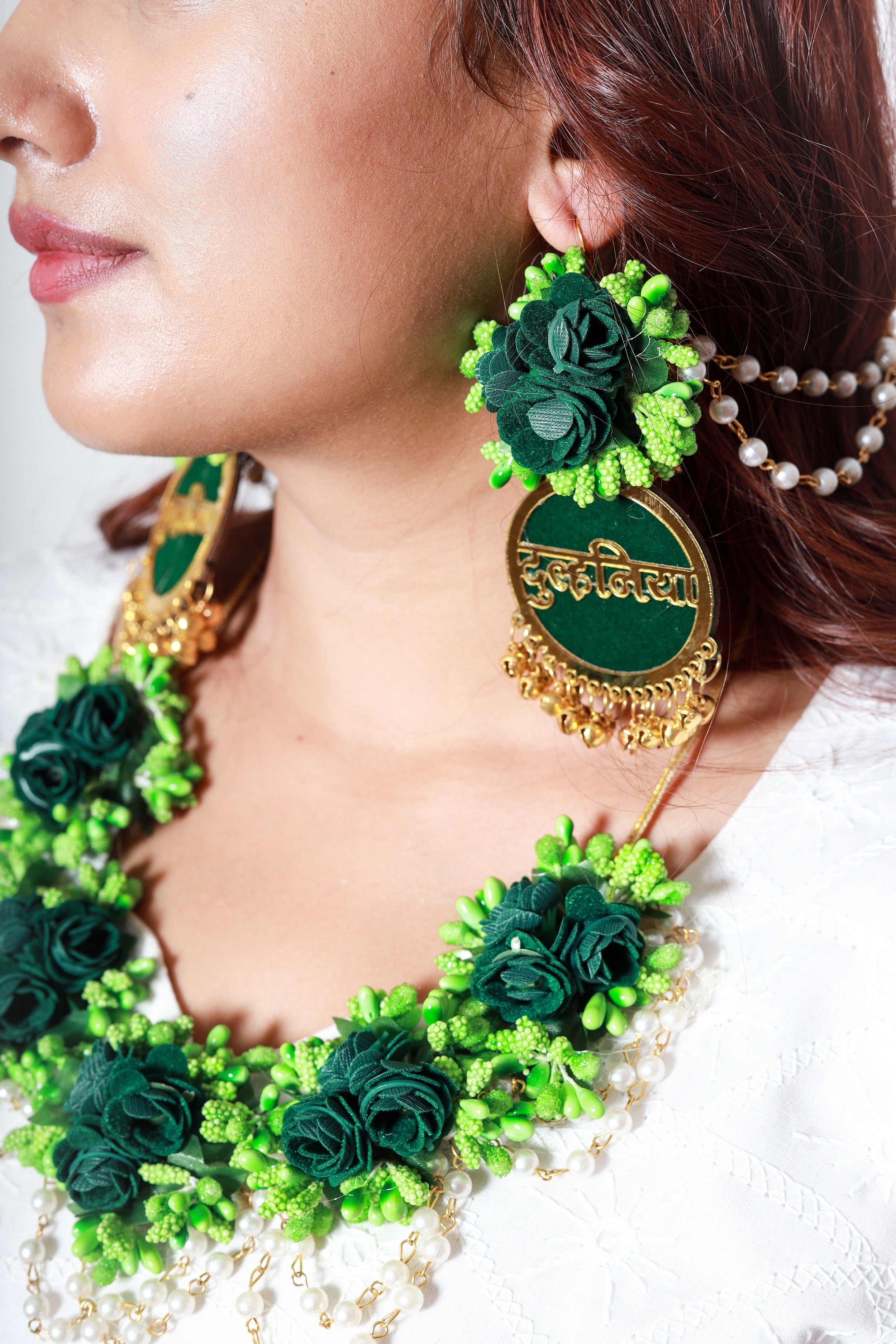 Personalized Dark Green Floral Jewelry Set with Earrings for Haldi, Mehendi & Bridal Functions