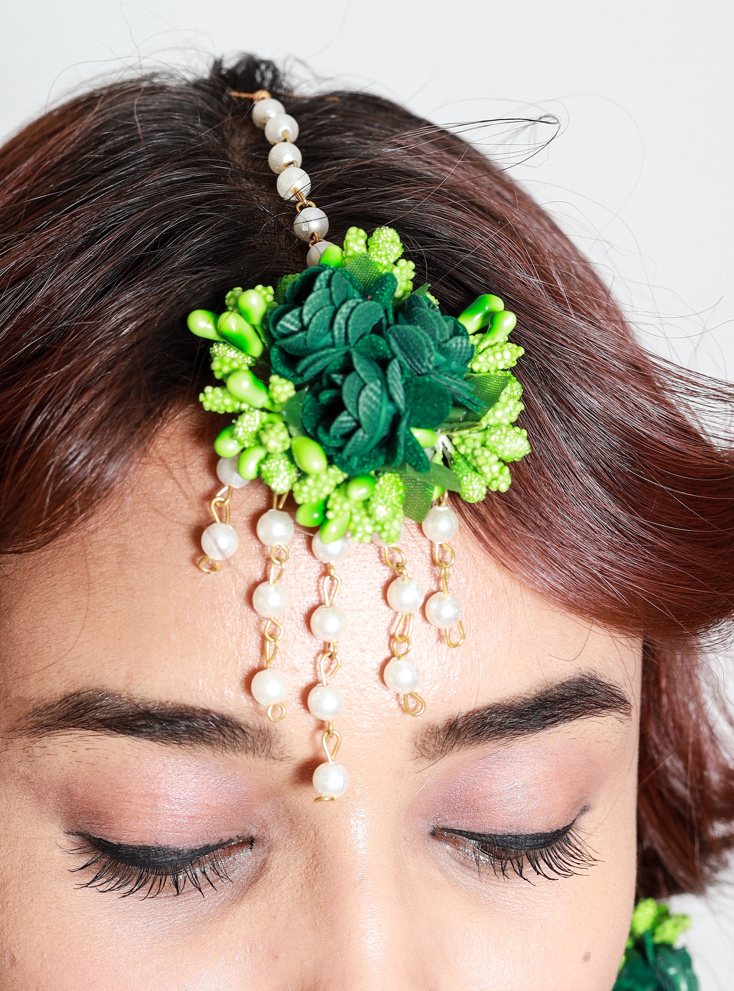 Personalized Dark Green Floral Jewelry Set with Earrings for Haldi, Mehendi & Bridal Functions