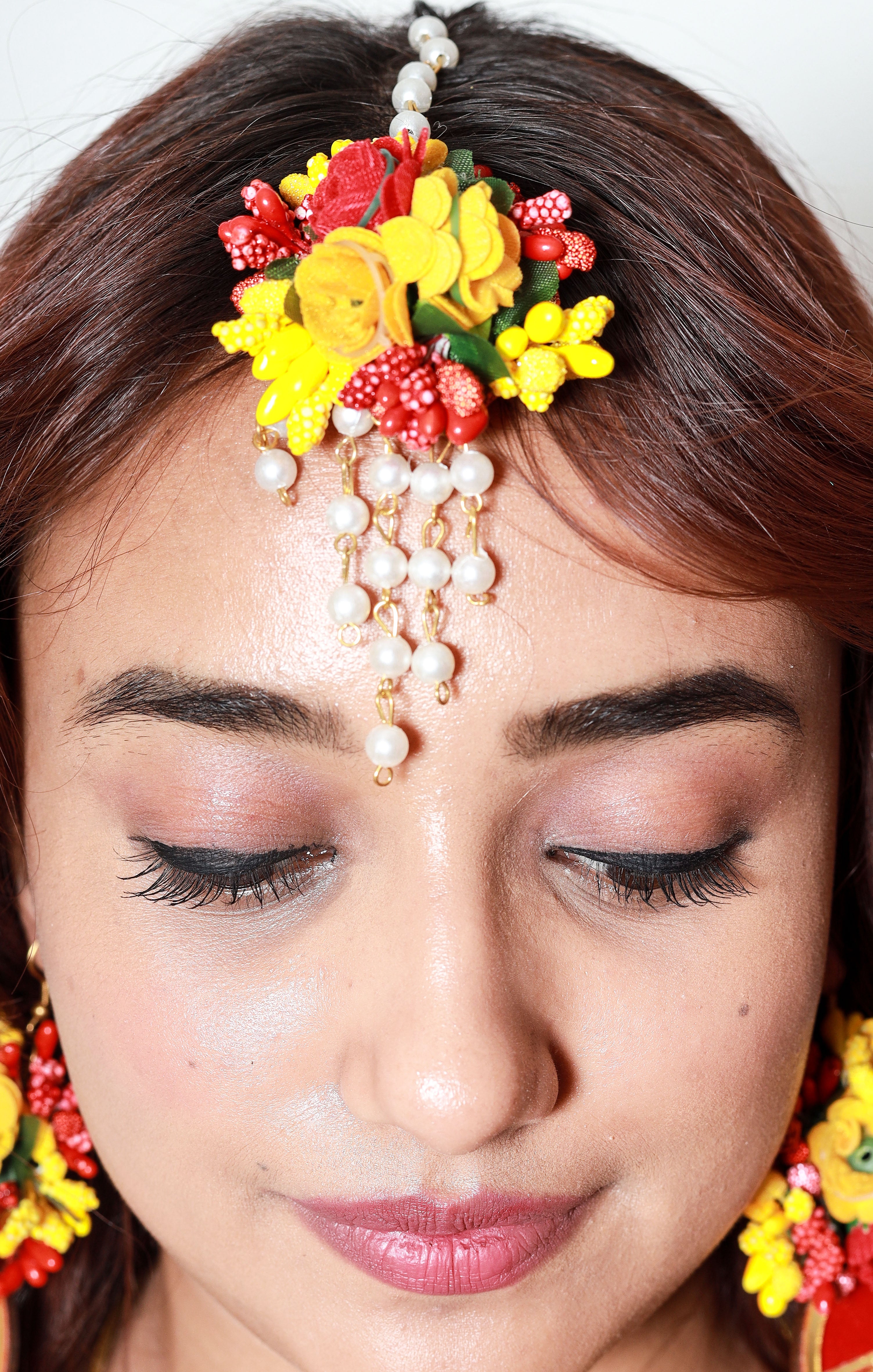 Handmade Multicolor Floral Maang Tikka with Pearl Drops for Haldi, Mehendi & Bridal Functions