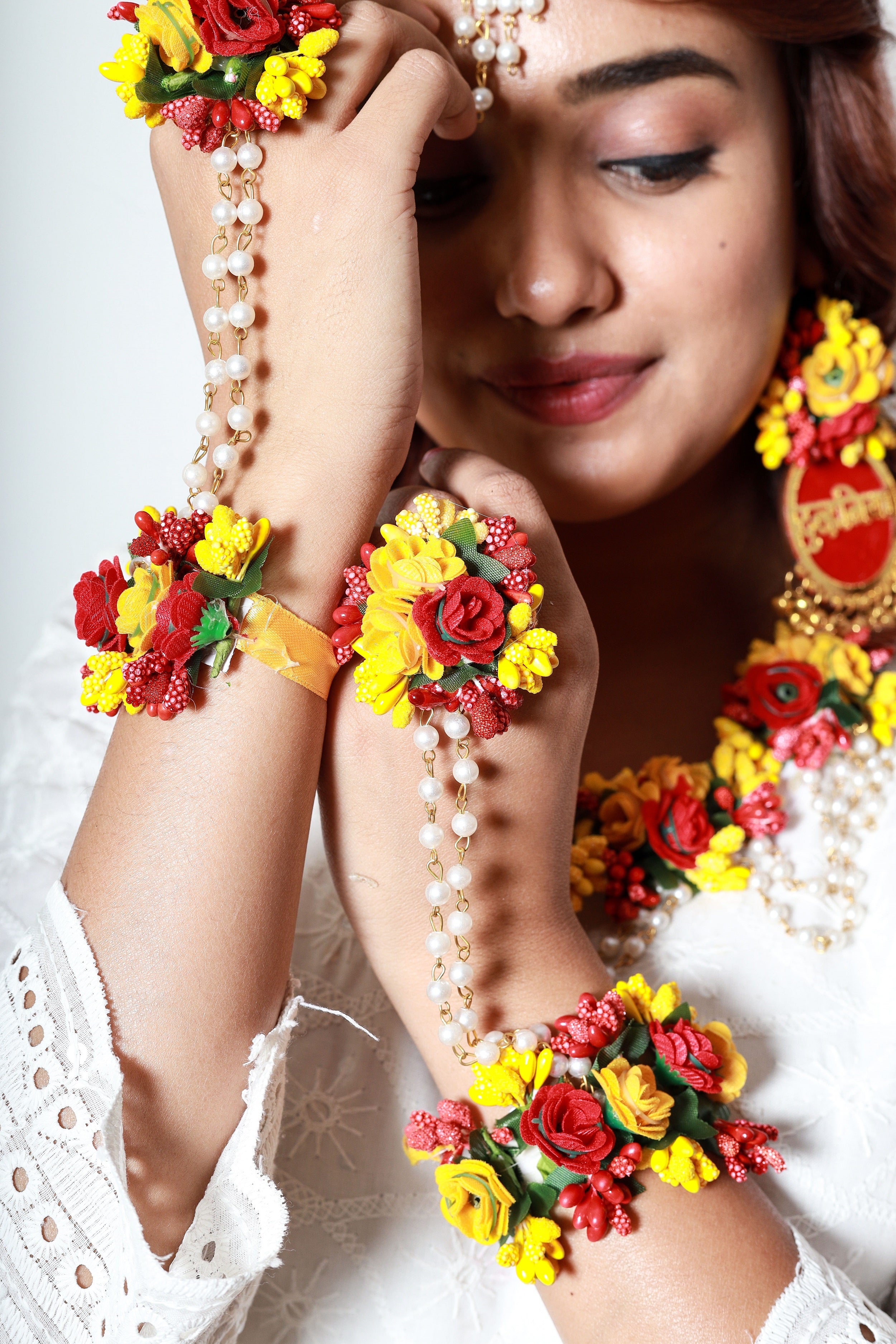 Handmade Multicolor Floral Maang Tikka with Pearl Drops for Haldi, Mehendi & Bridal Functions