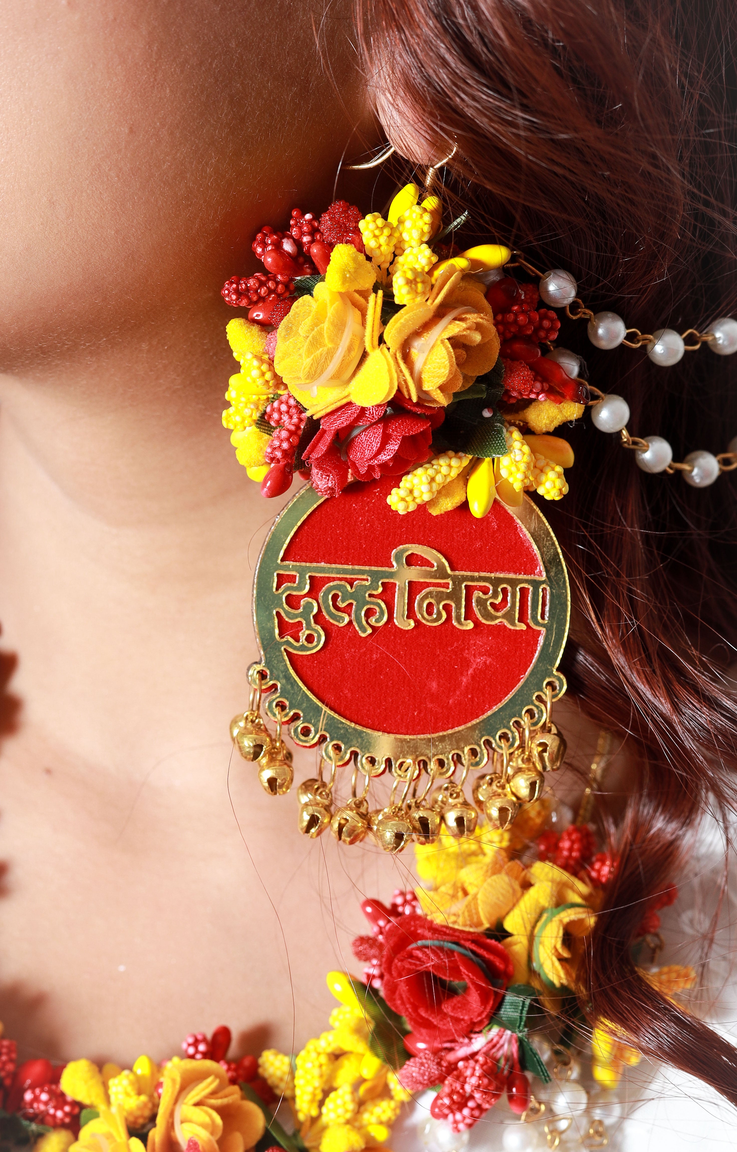 Handmade Multicolor Floral Maang Tikka with Pearl Drops for Haldi, Mehendi & Bridal Functions