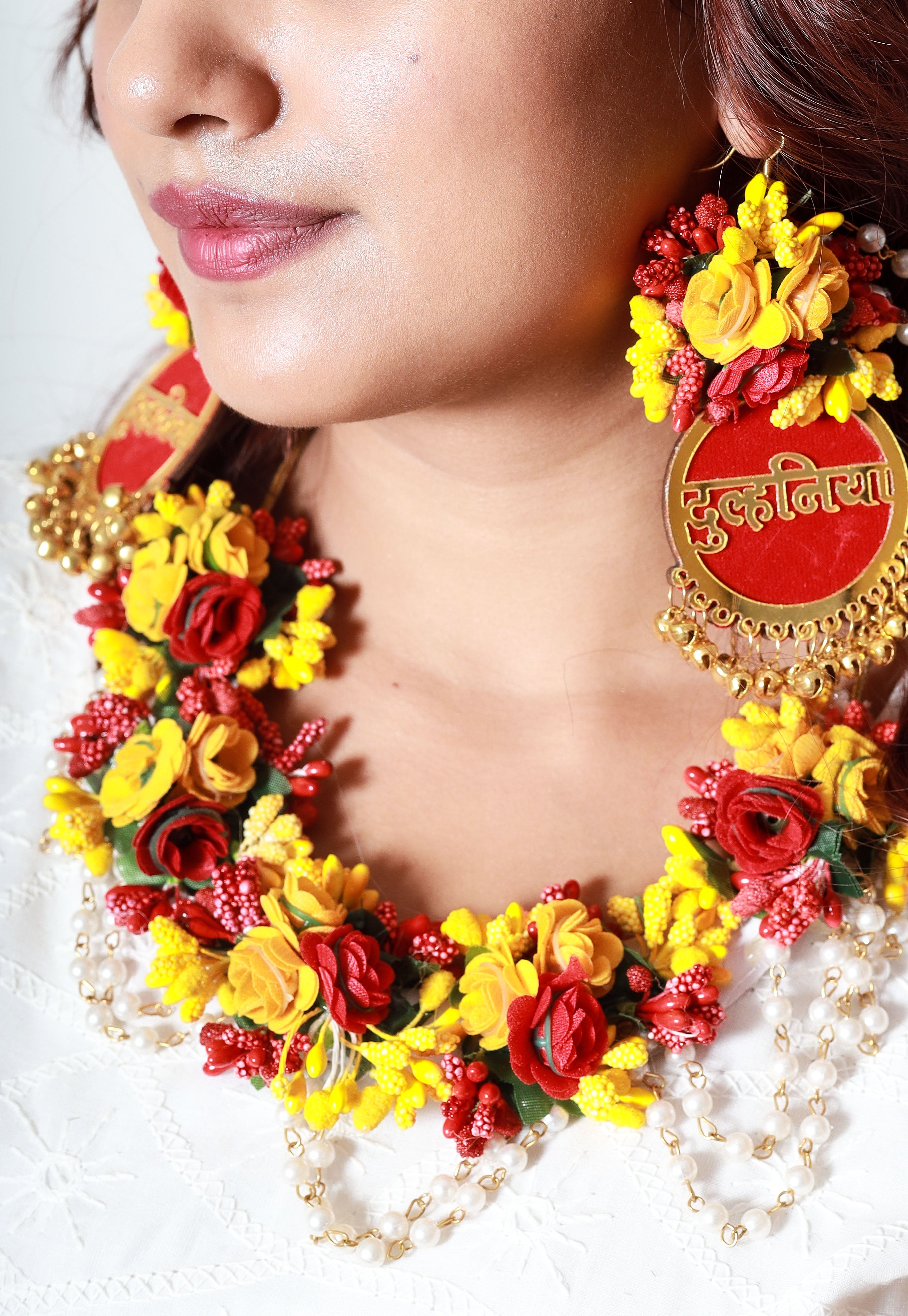 Handmade Multicolor Floral Maang Tikka with Pearl Drops for Haldi, Mehendi & Bridal Functions