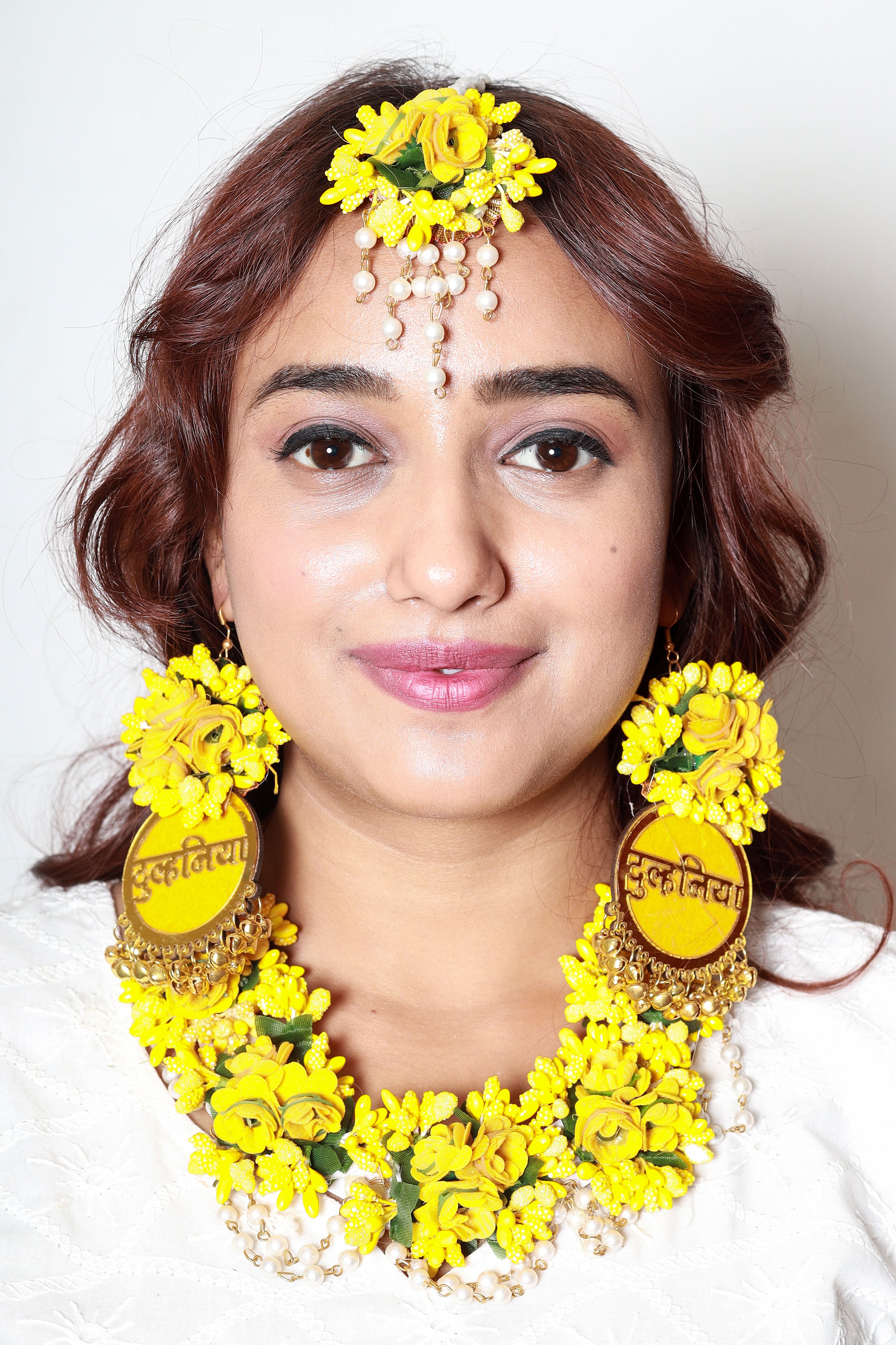 Personalized Bright Yellow Floral Jewelry Set with Earrings & Maang Tikka for Haldi & Mehendi