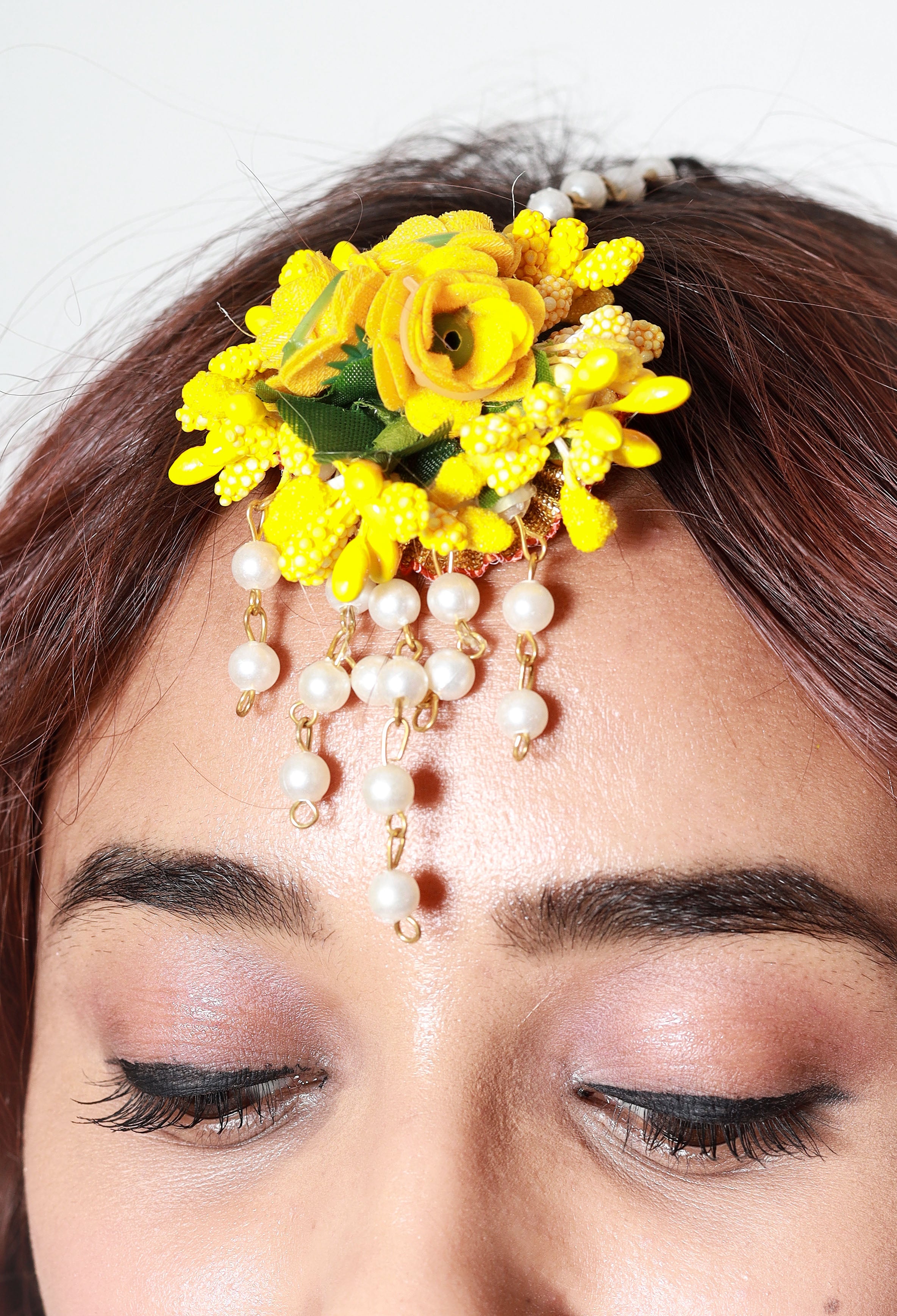 Personalized Bright Yellow Floral Jewelry Set with Earrings & Maang Tikka for Haldi & Mehendi
