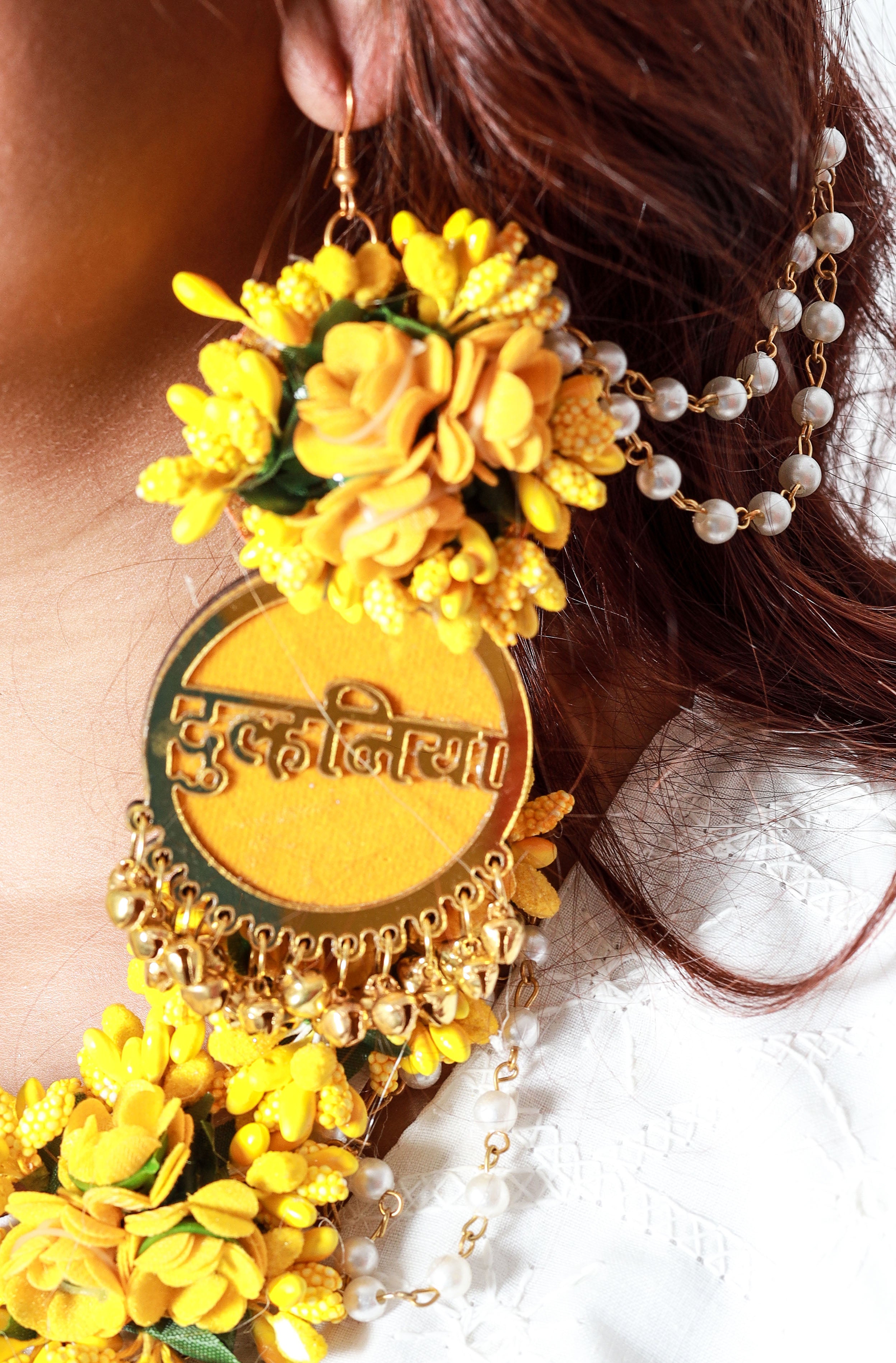 Personalized Bright Yellow Floral Jewelry Set with Name Earrings & Maang Tikka for Haldi & Mehendi