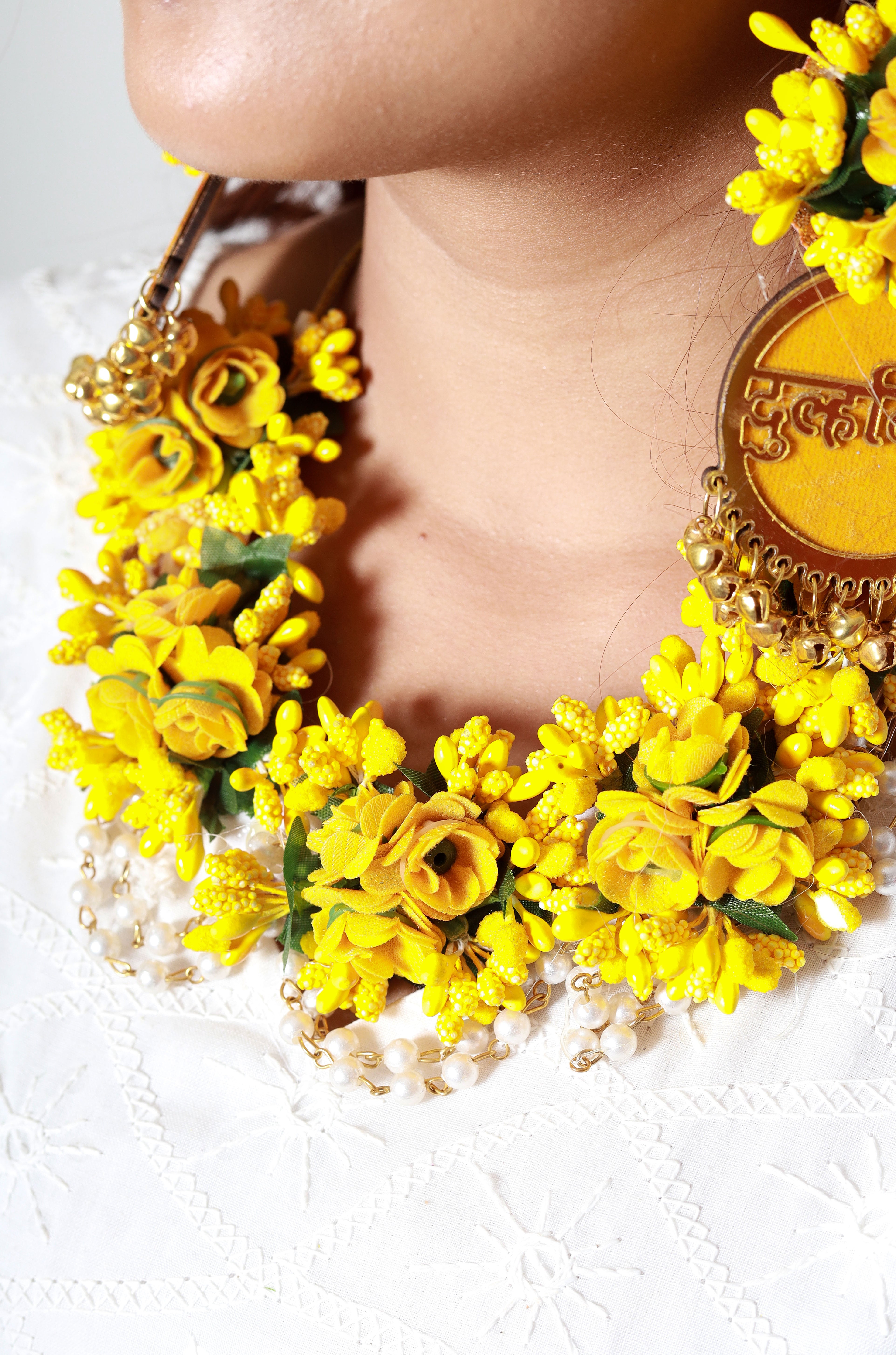 Personalized Bright Yellow Floral Jewelry Set with Earrings & Maang Tikka for Haldi & Mehendi