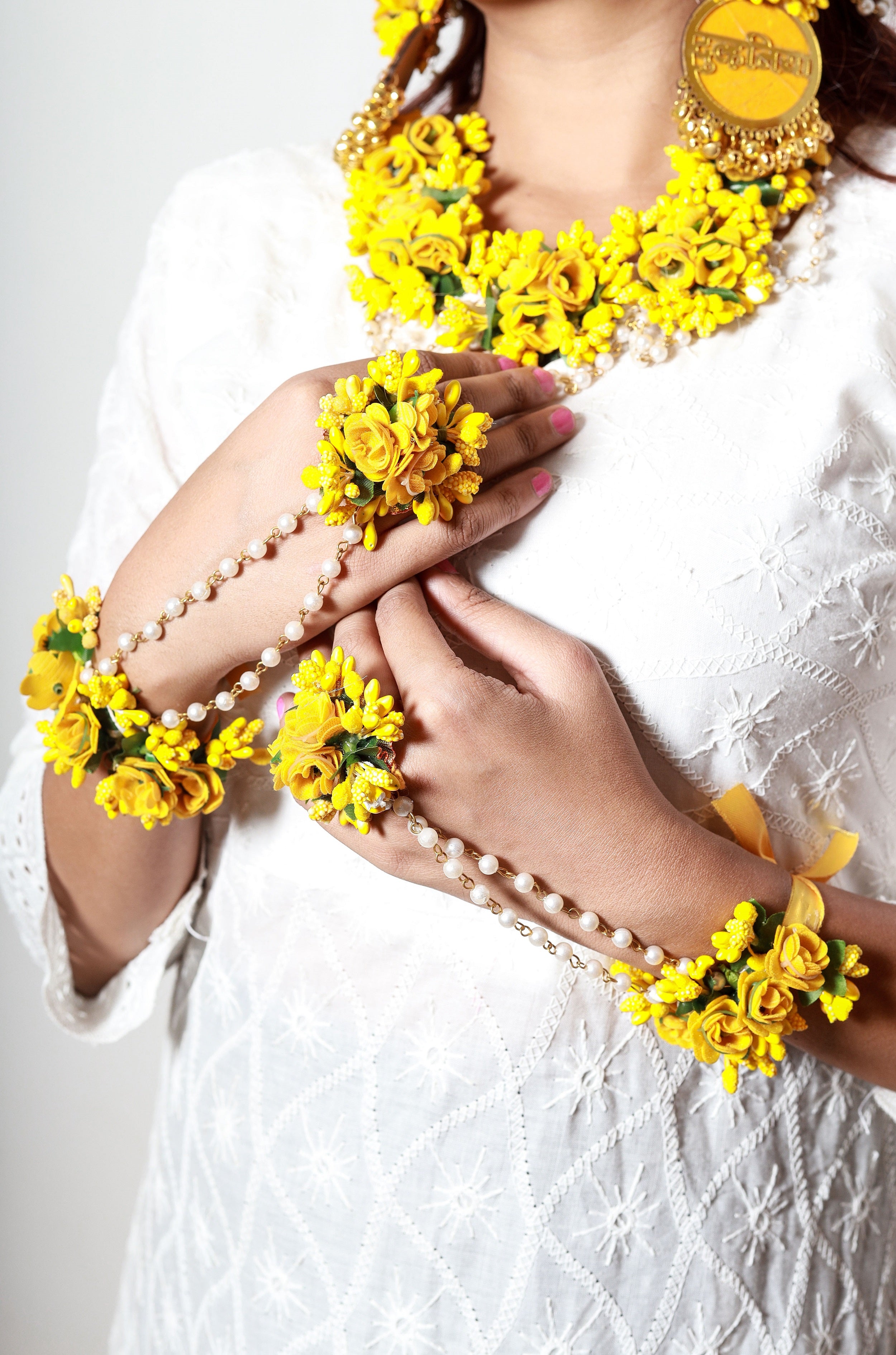 Personalized Bright Yellow Floral Jewelry Set with Earrings & Maang Tikka for Haldi & Mehendi