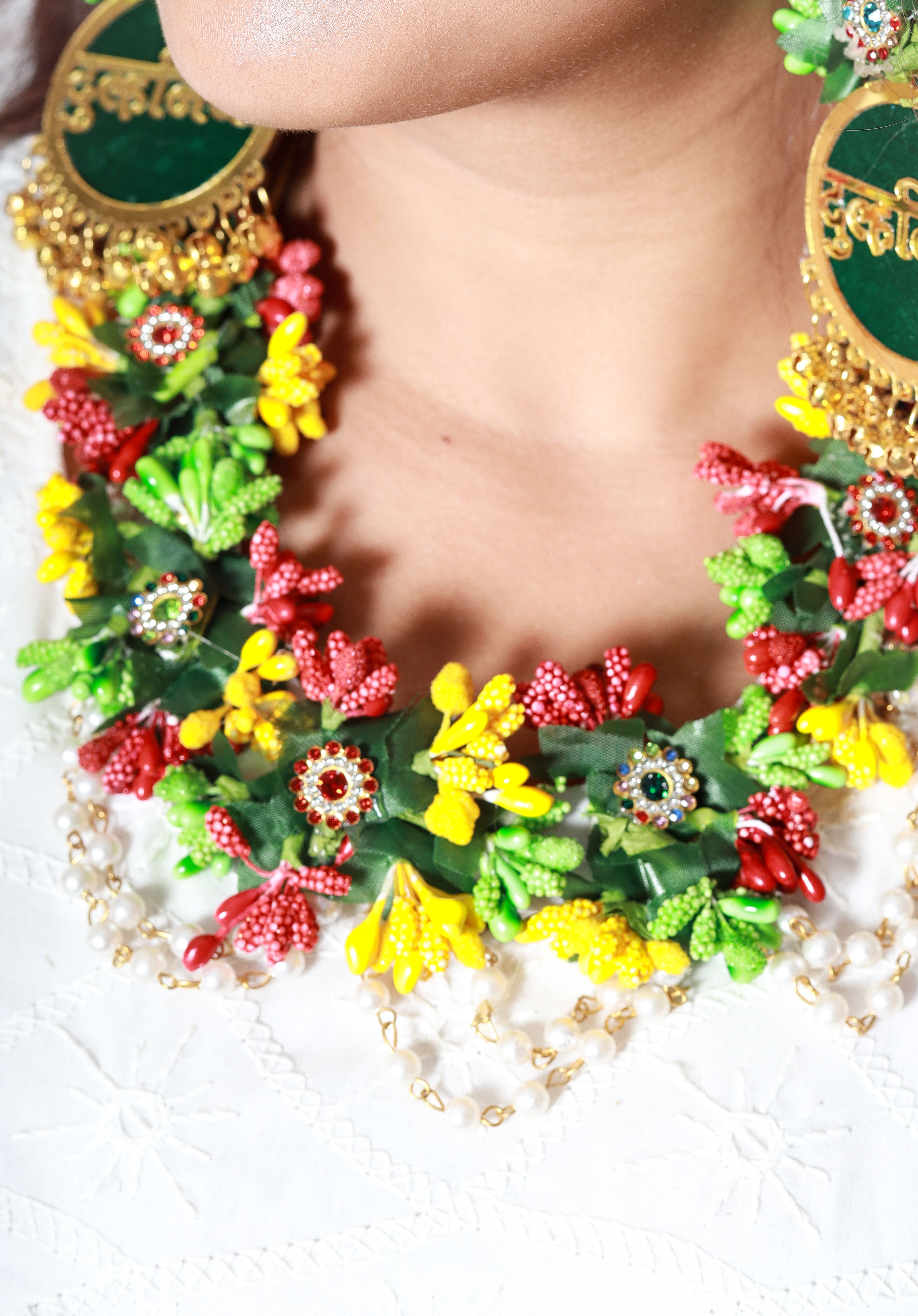 Handmade Multicolor Floral Choker Necklace with Pearl Detailing for Haldi, Mehendi & Bridal Functions