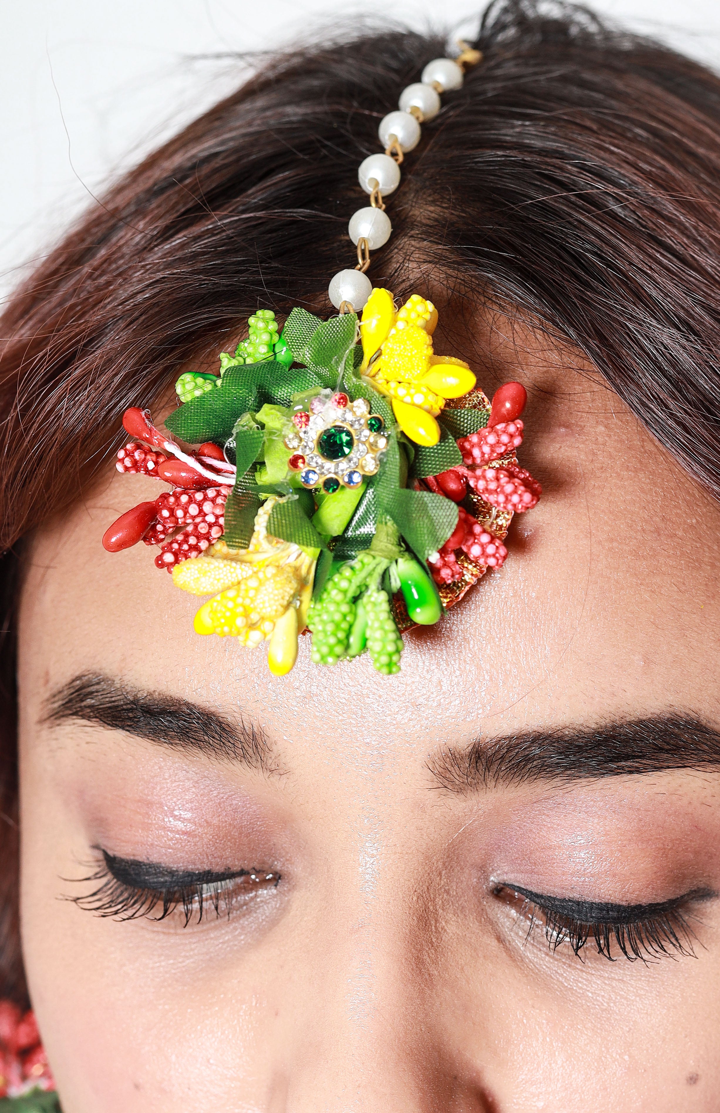 Handmade Multicolor Floral Choker Necklace with Pearl Detailing for Haldi, Mehendi & Bridal Functions
