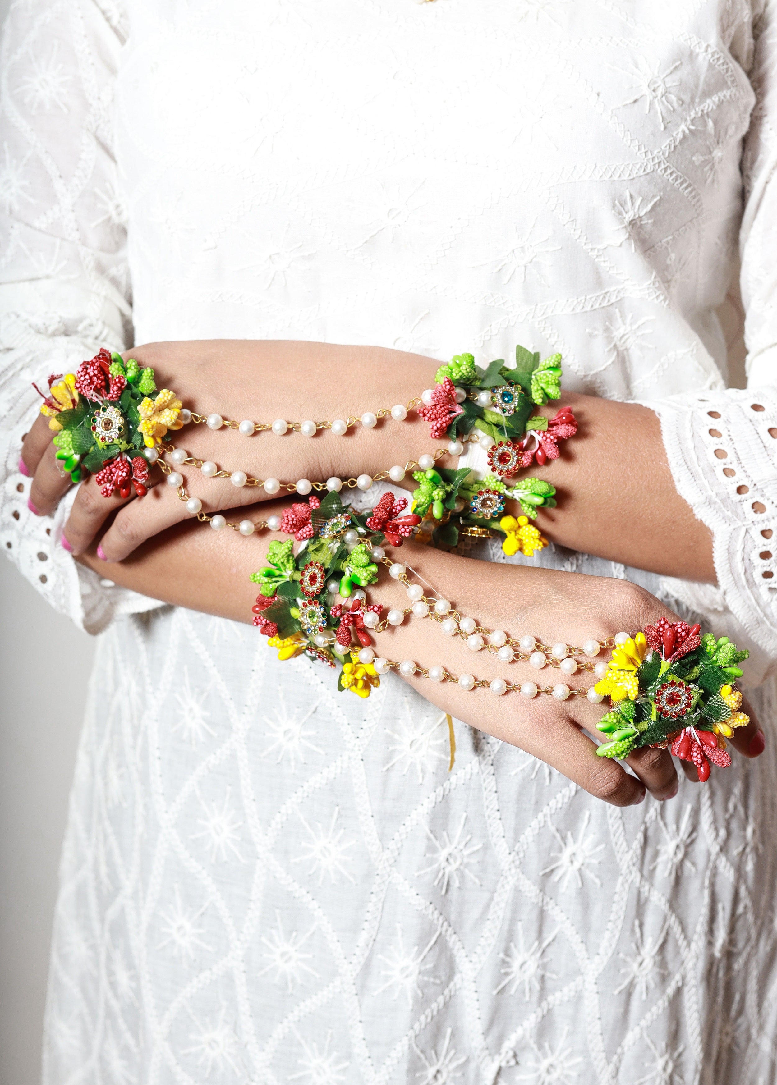 Handmade Multicolor Floral Choker Necklace with Pearl Detailing for Haldi, Mehendi & Bridal Functions