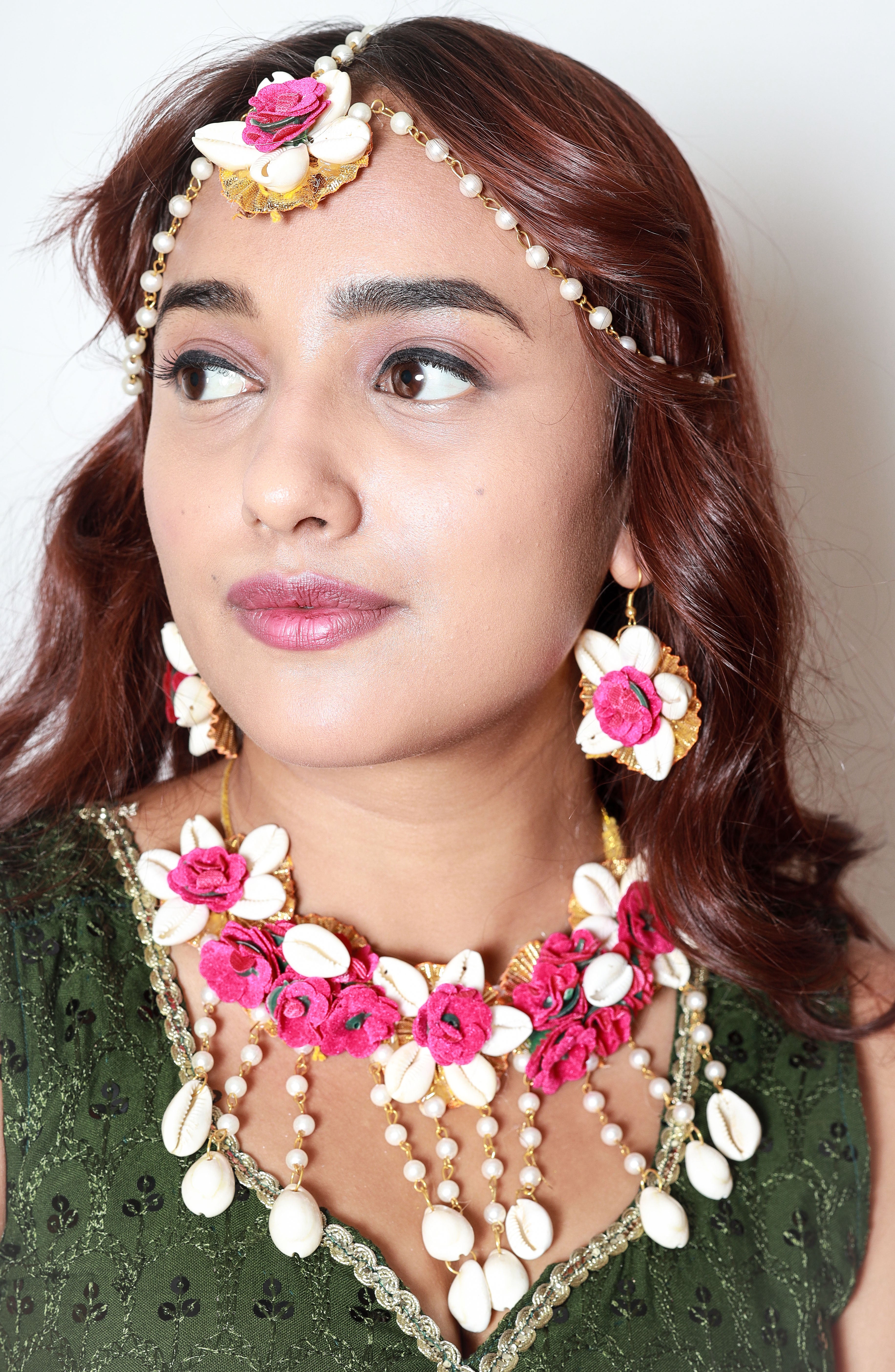 Handmade Pink Floral Shell Jewelry Set with Pearl Detailing for Haldi, Mehendi & Bridal Functions