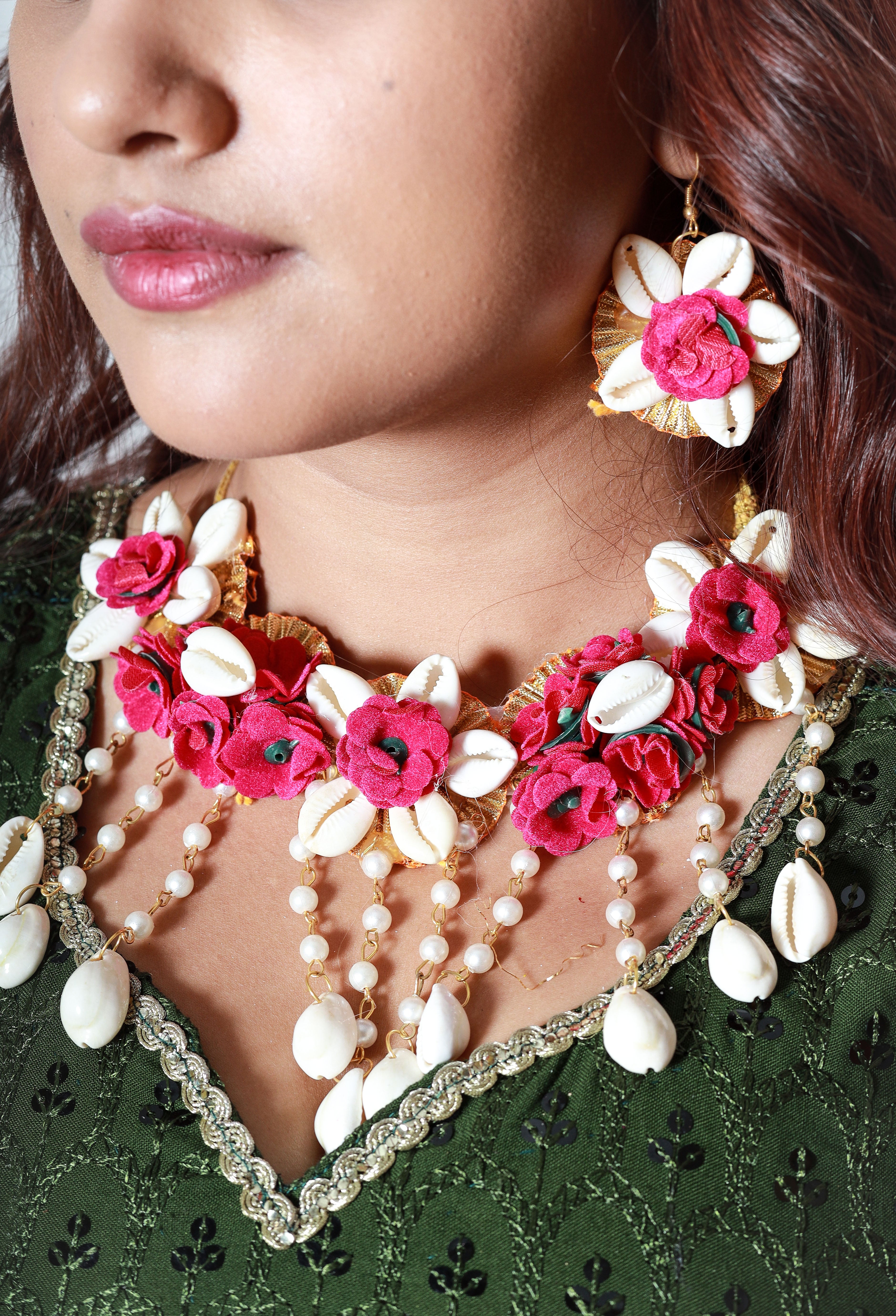 Handmade Pink Floral Shell Jewelry Set with Pearl Detailing for Haldi, Mehendi & Bridal Functions
