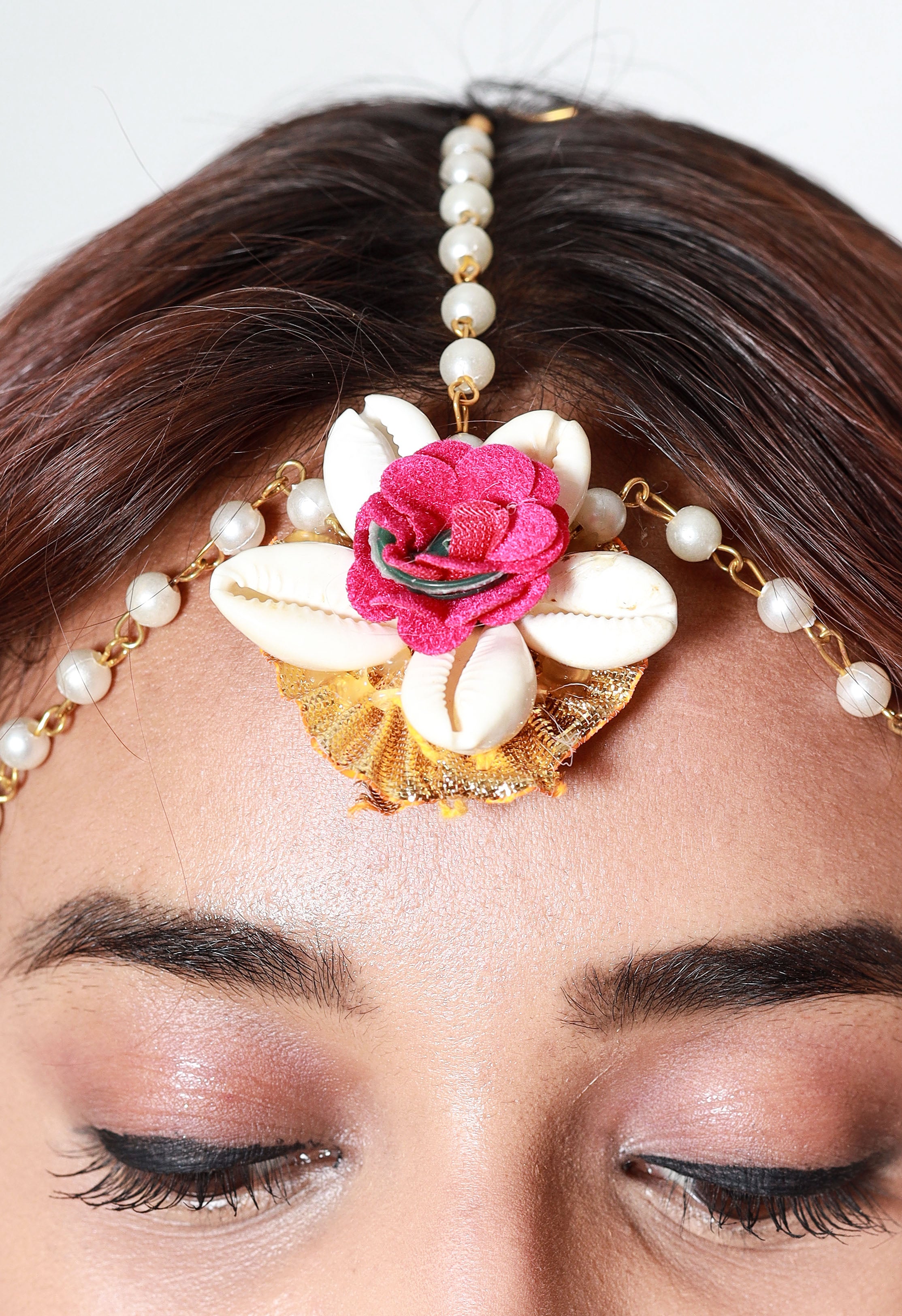 Handmade Pink Floral Shell Jewelry Set with Pearl Detailing for Haldi, Mehendi & Bridal Functions