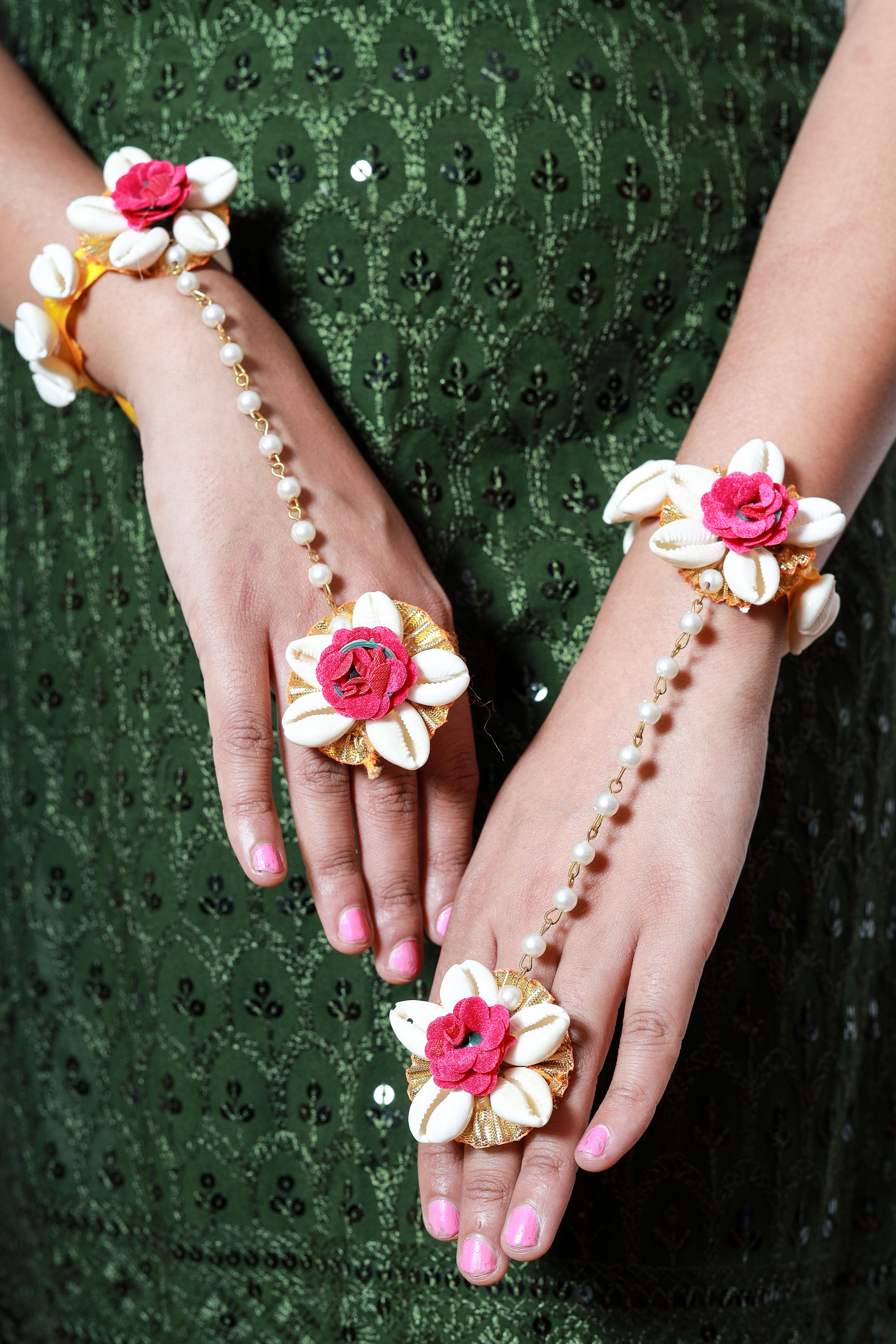 Handmade Pink Floral Shell Jewelry Set with Pearl Detailing for Haldi, Mehendi & Bridal Functions