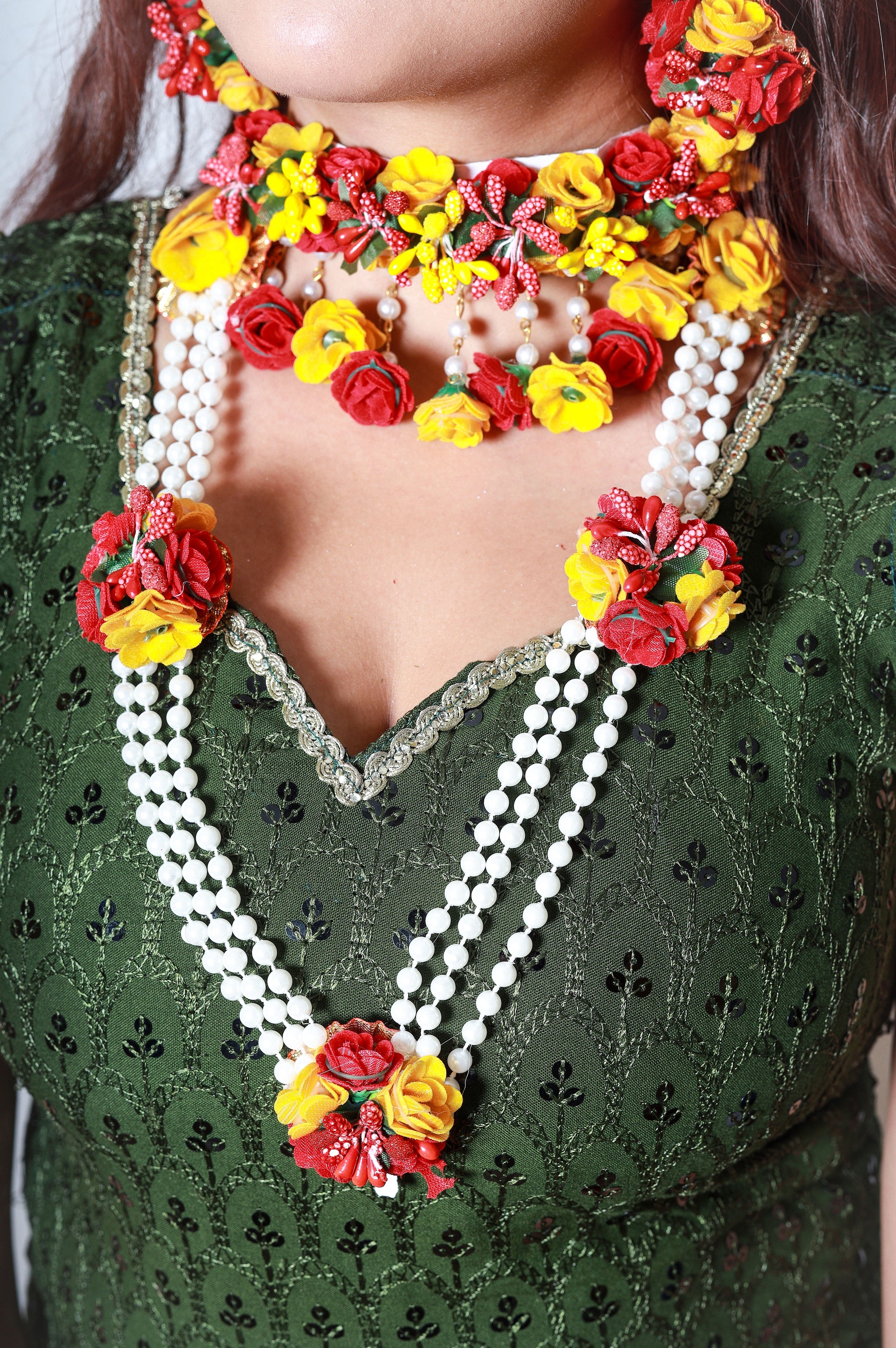 Handmade Multicolor Floral Choker & Long Pearl Haar Set for Haldi, Mehendi & Bridal Functions