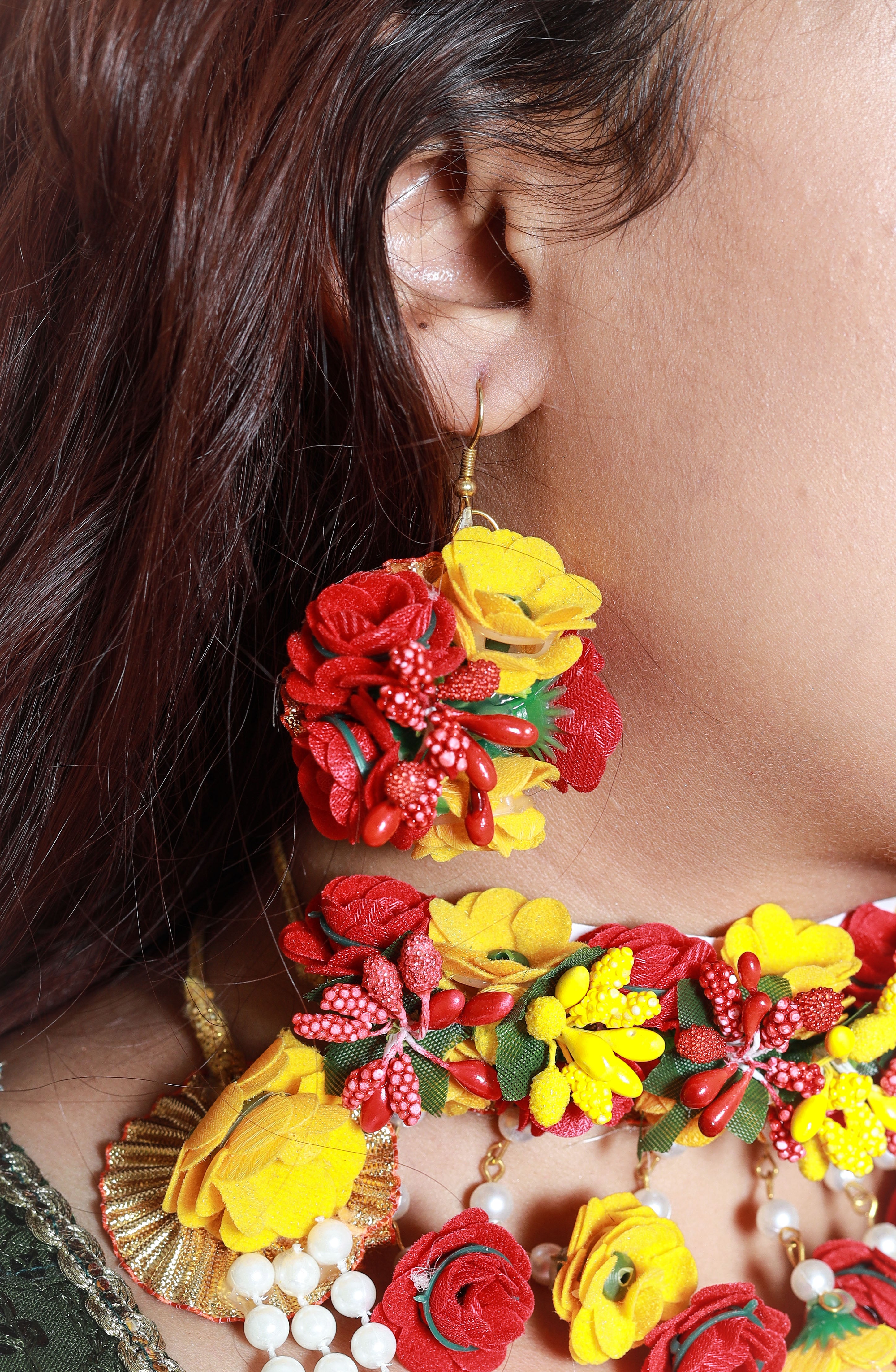 Handmade Multicolor Floral Choker & Long Pearl Haar Set for Haldi, Mehendi & Bridal Functions