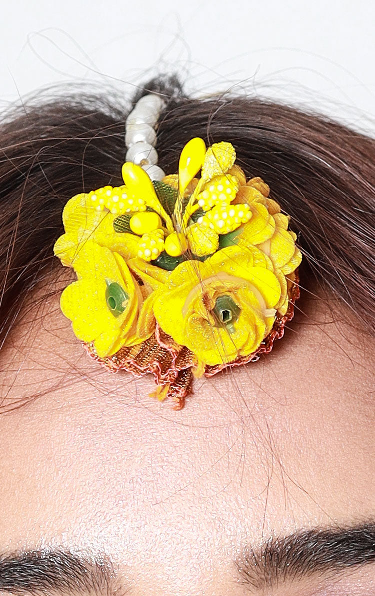Handmade Yellow Floral Maang Tikka with Pearl Detailing for Haldi, Mehendi & Bridal Functions
