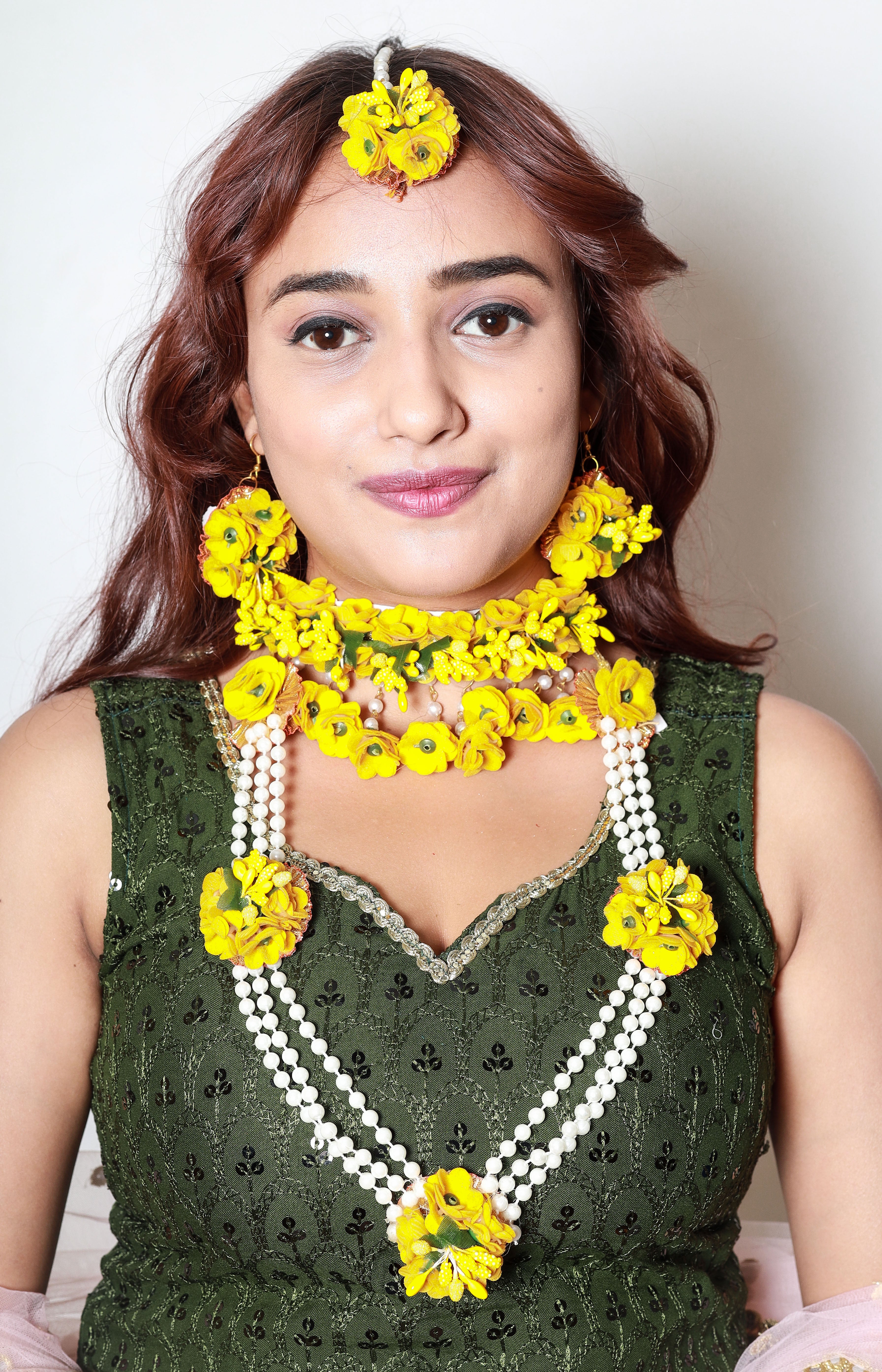 Handmade Yellow Floral Maang Tikka with Pearl Detailing for Haldi, Mehendi & Bridal Functions