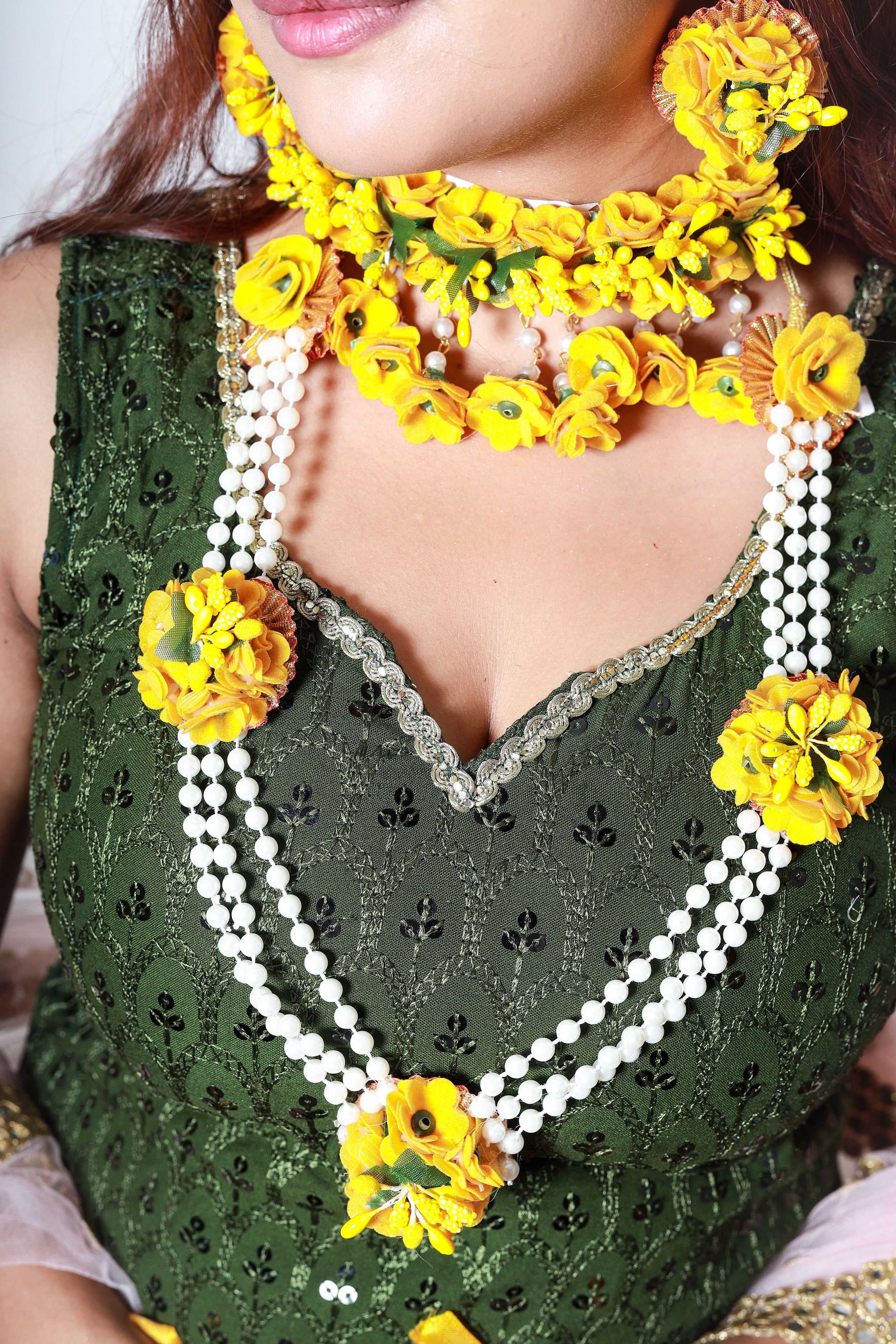 Handmade Yellow Floral Maang Tikka with Pearl Detailing for Haldi, Mehendi & Bridal Functions