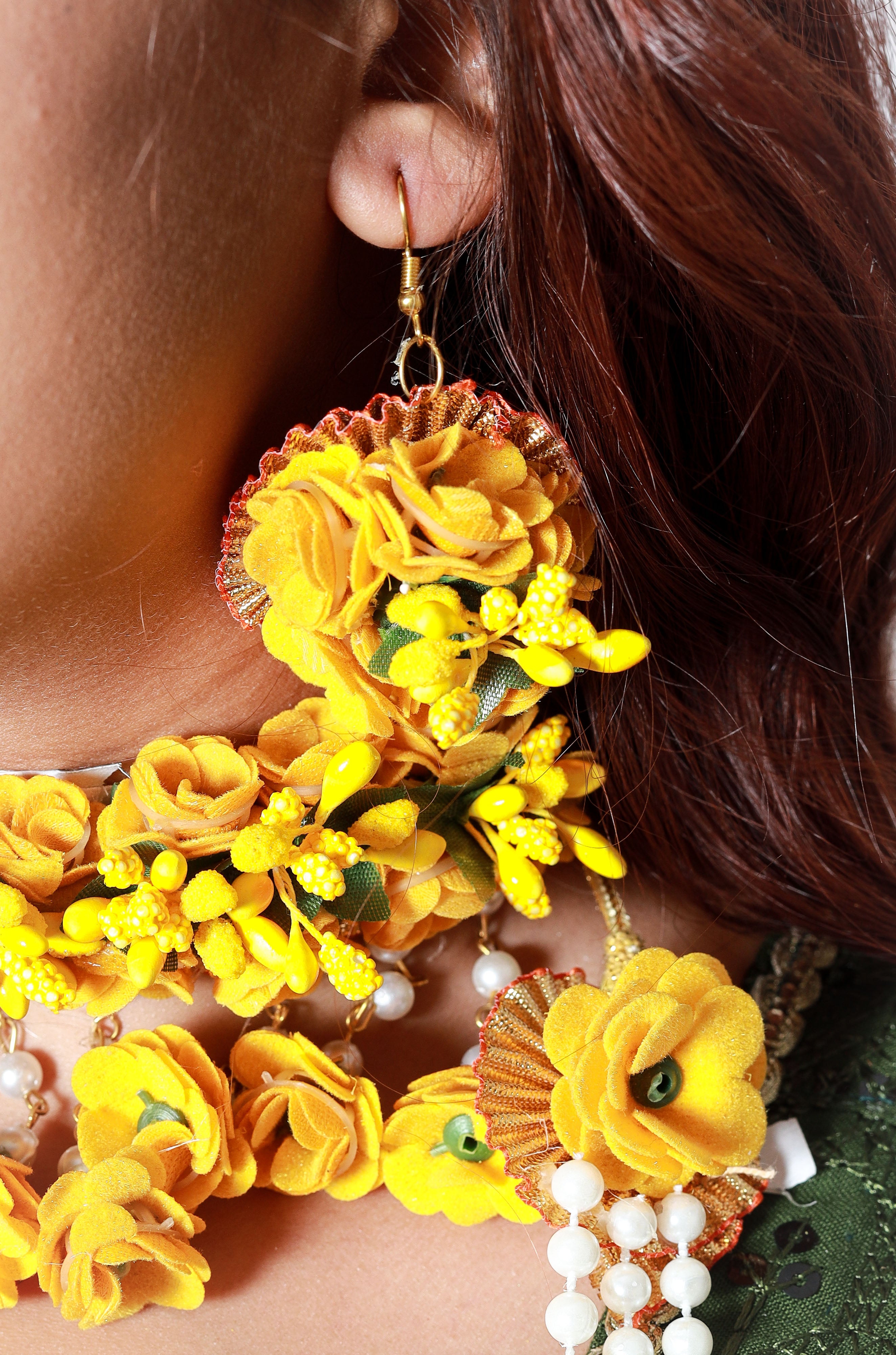 Handmade Yellow Floral Maang Tikka with Pearl Detailing for Haldi, Mehendi & Bridal Functions