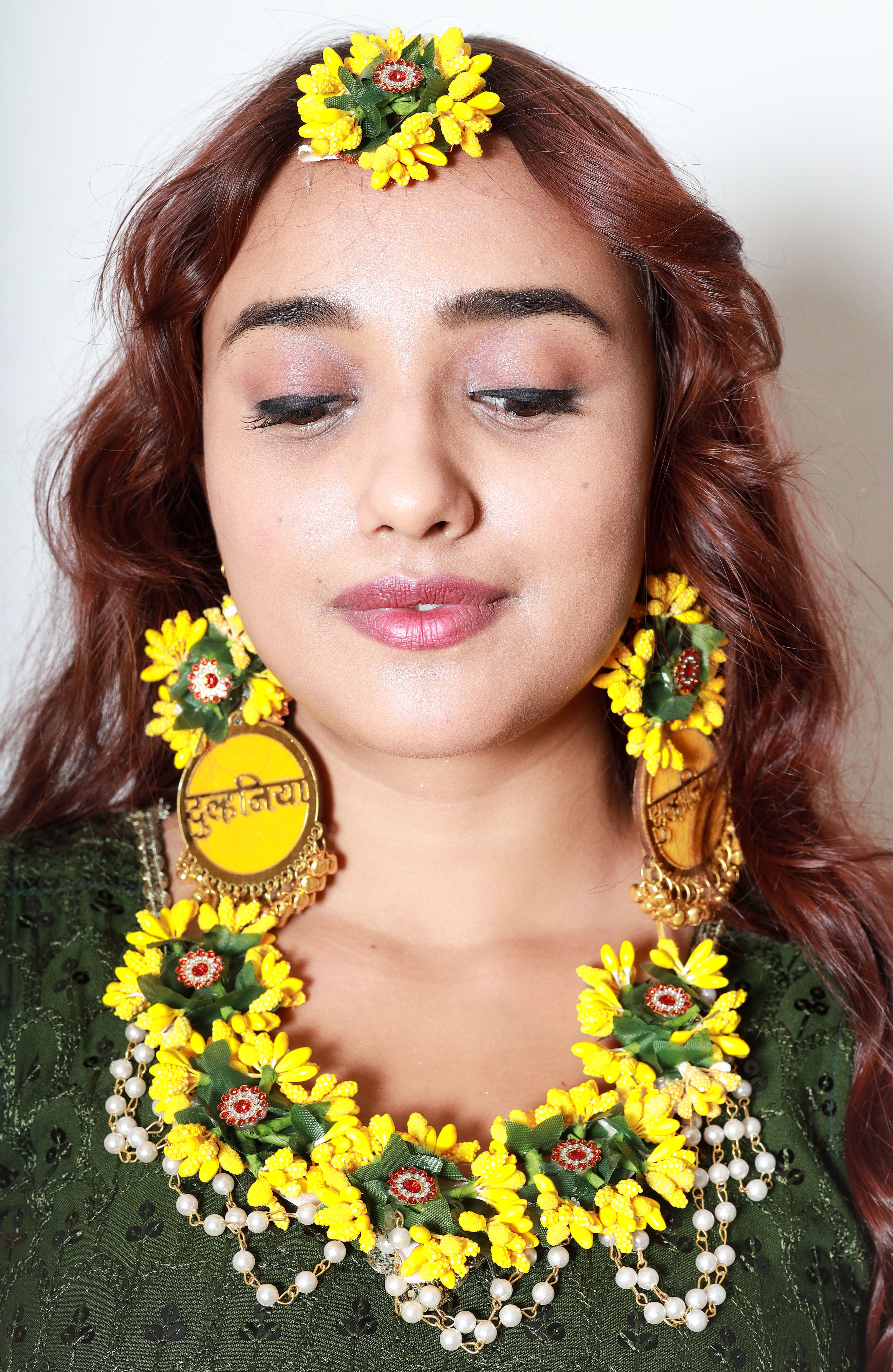 Personalized Yellow Green Floral Jewelry Set with Earrings & Pearl Detailing for Haldi & Mehendi