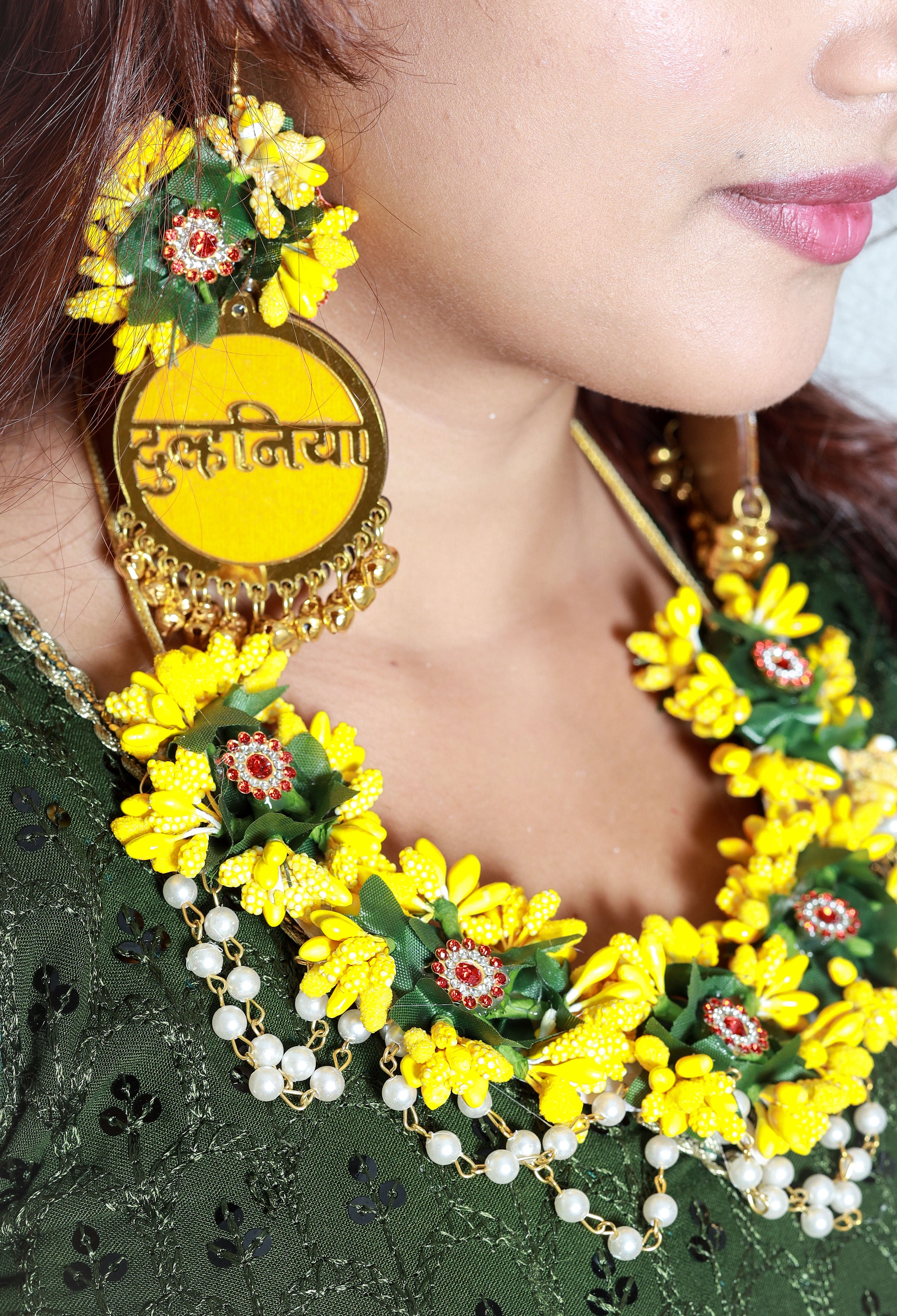 Personalized Yellow Green Floral Jewelry Set with Earrings & Pearl Detailing for Haldi & Mehendi