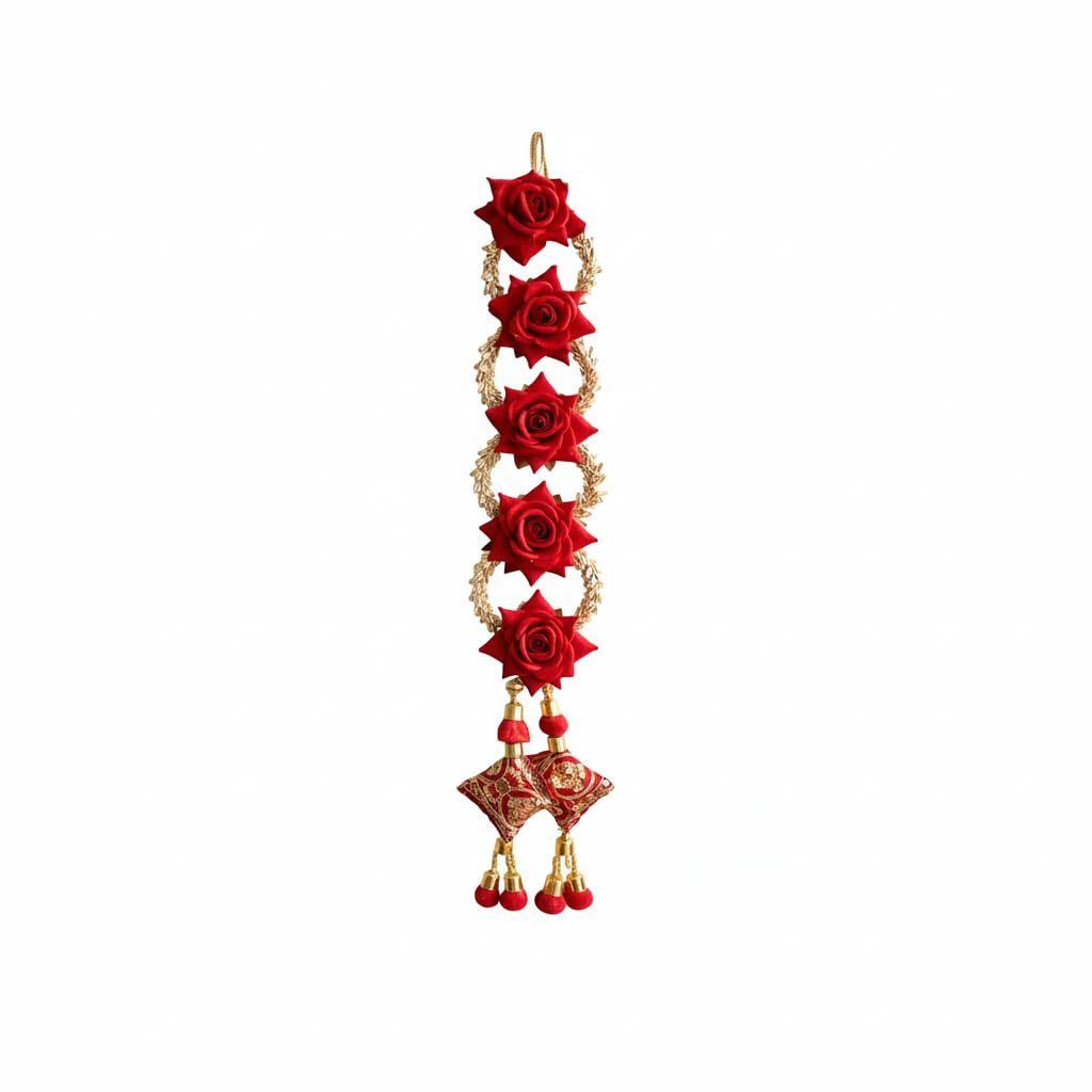 Red Rose Punjabi Paranda with Golden Embellishments and Decorative Tassels, Traditional Hair Accessory for Women (1Pc)