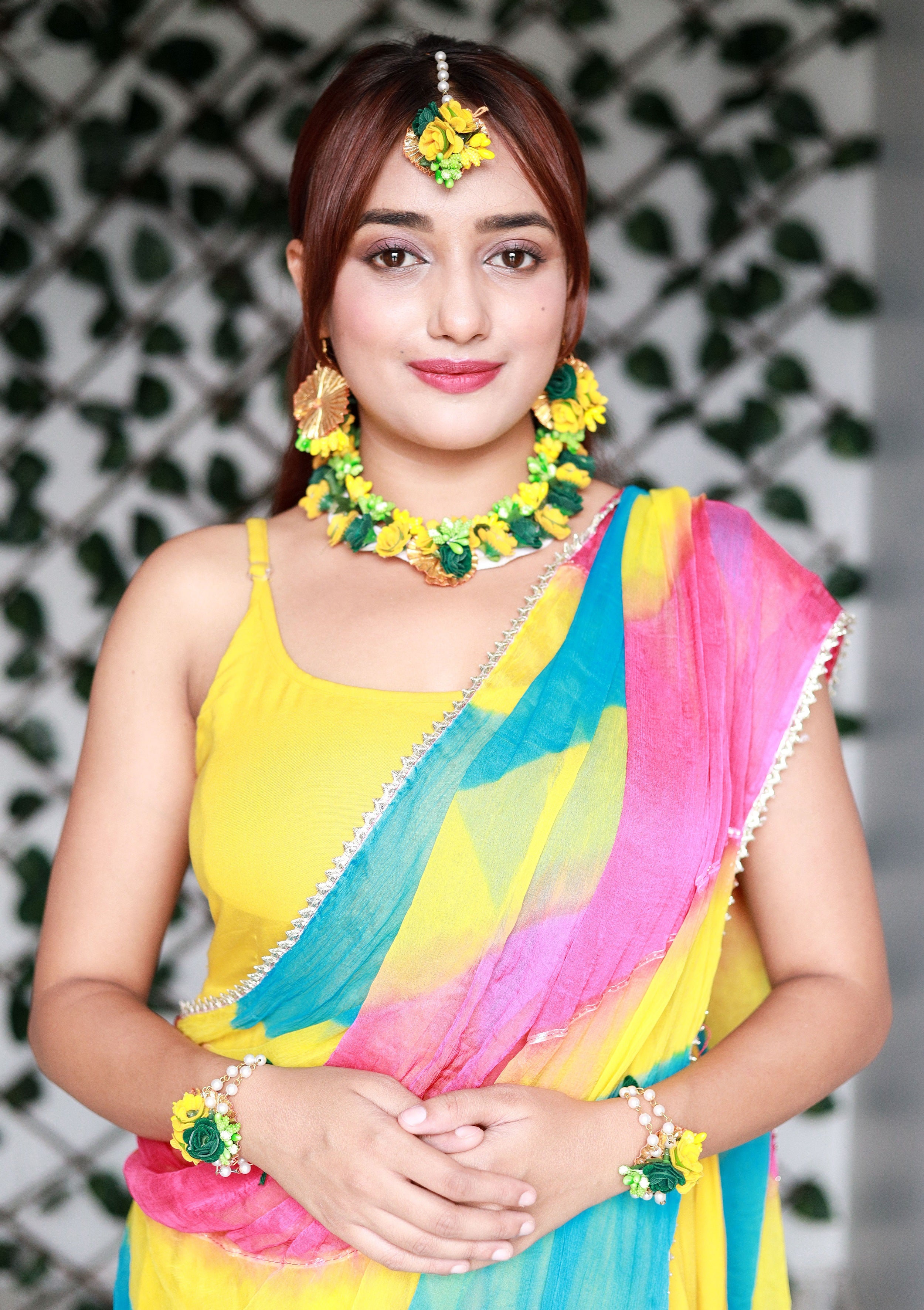 Handmade Yellow Green Floral Jewelry Set with Choker, Earrings, Maang Tikka & Bracelets for Haldi & Mehendi