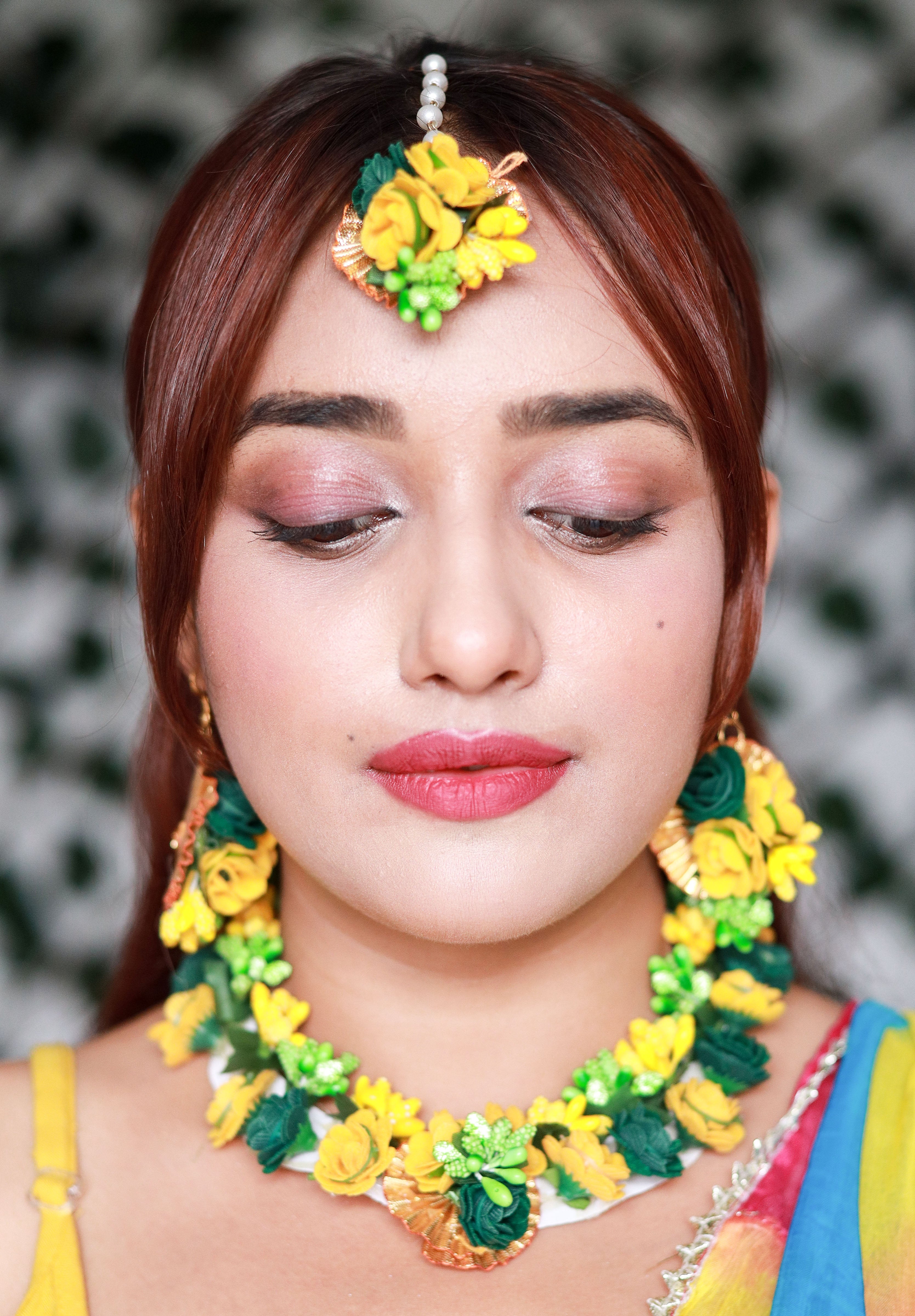Handmade Yellow Green Floral Jewelry Set with Choker, Earrings, Maang Tikka & Bracelets for Haldi & Mehendi