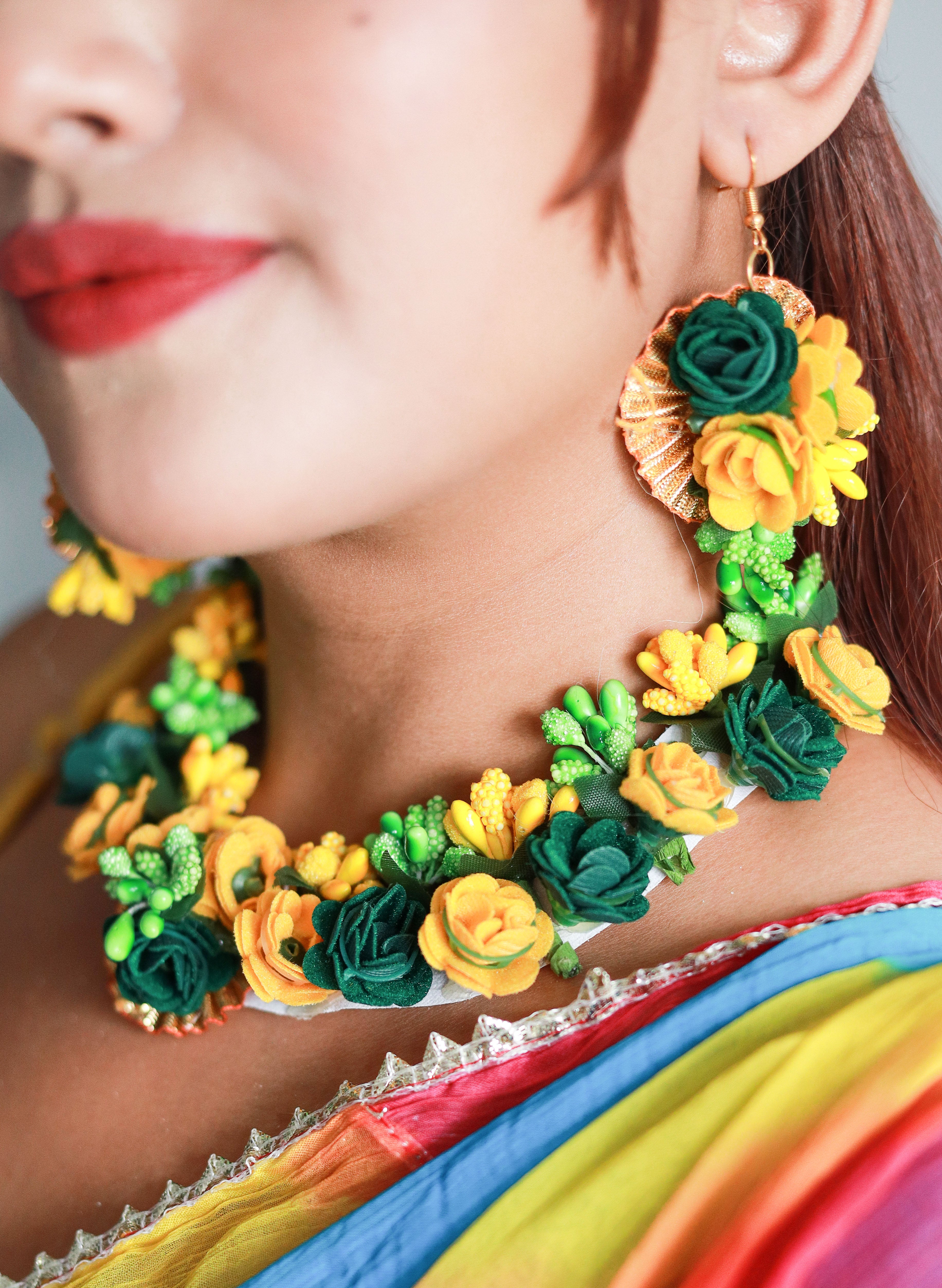 Handmade Yellow Green Floral Jewelry Set with Choker, Earrings, Maang Tikka & Bracelets for Haldi & Mehendi