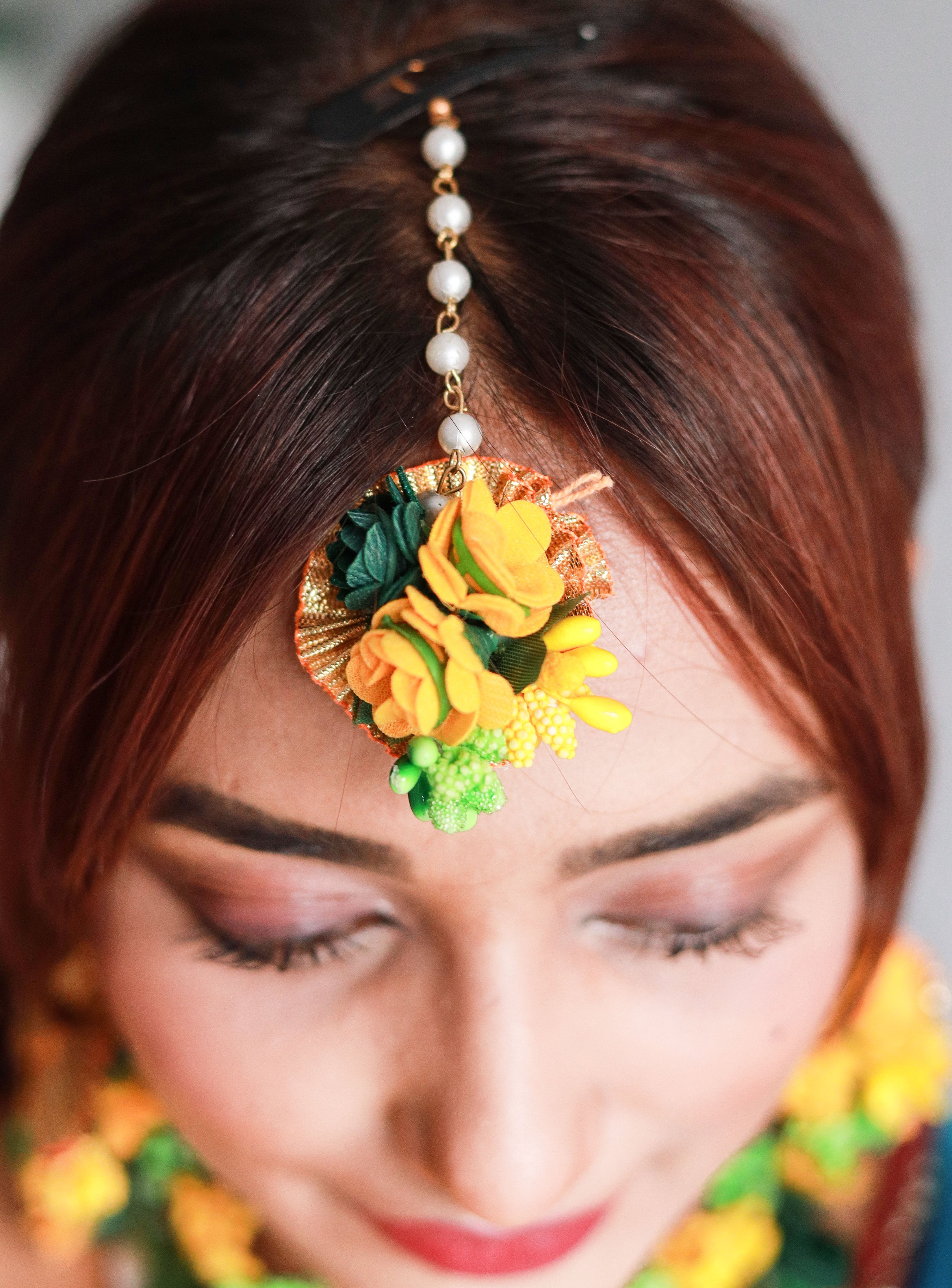 Handmade Yellow Green Floral Jewelry Set with Choker, Earrings, Maang Tikka & Bracelets for Haldi & Mehendi