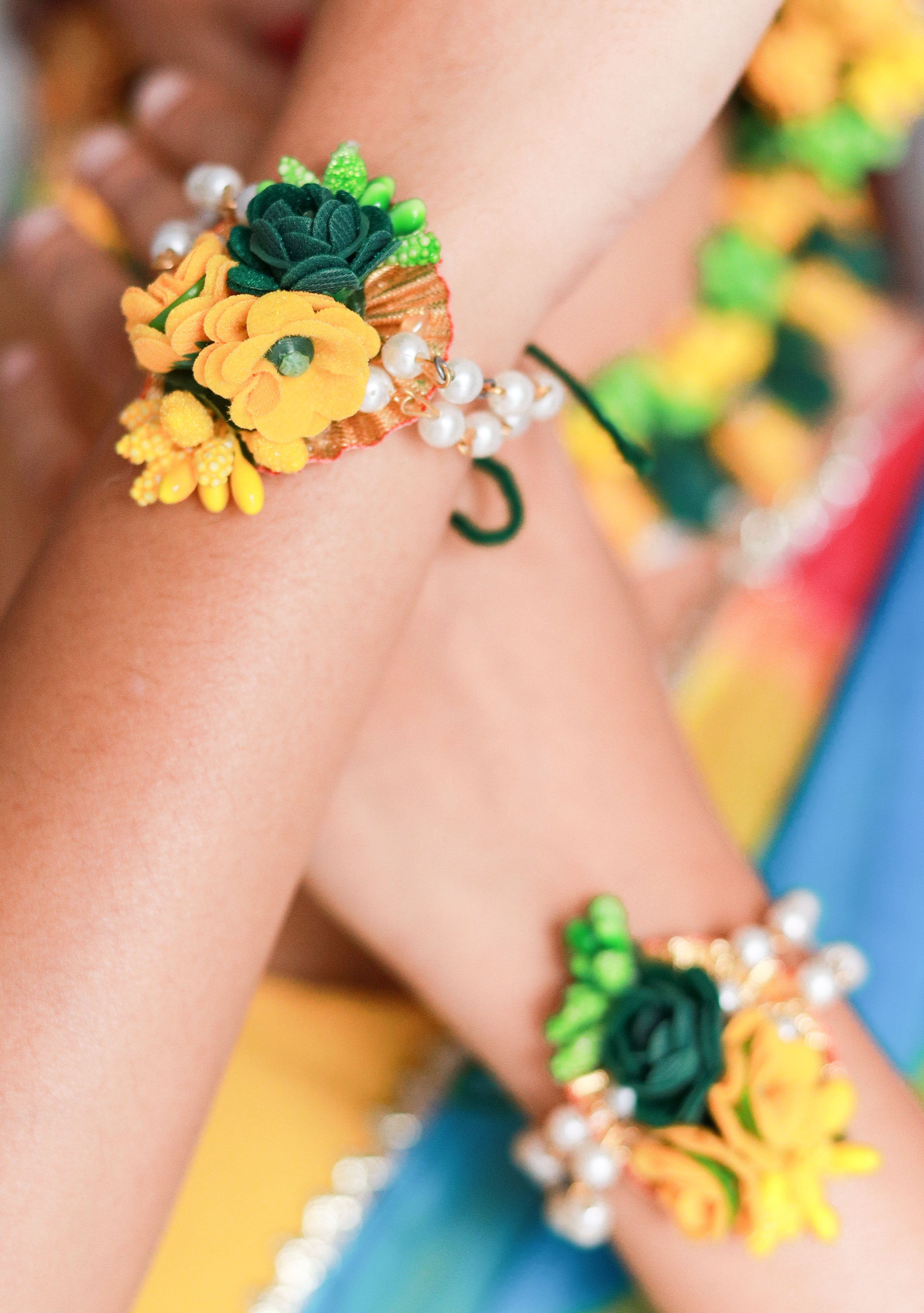Handmade Yellow Green Floral Jewelry Set with Choker, Earrings, Maang Tikka & Bracelets for Haldi & Mehendi