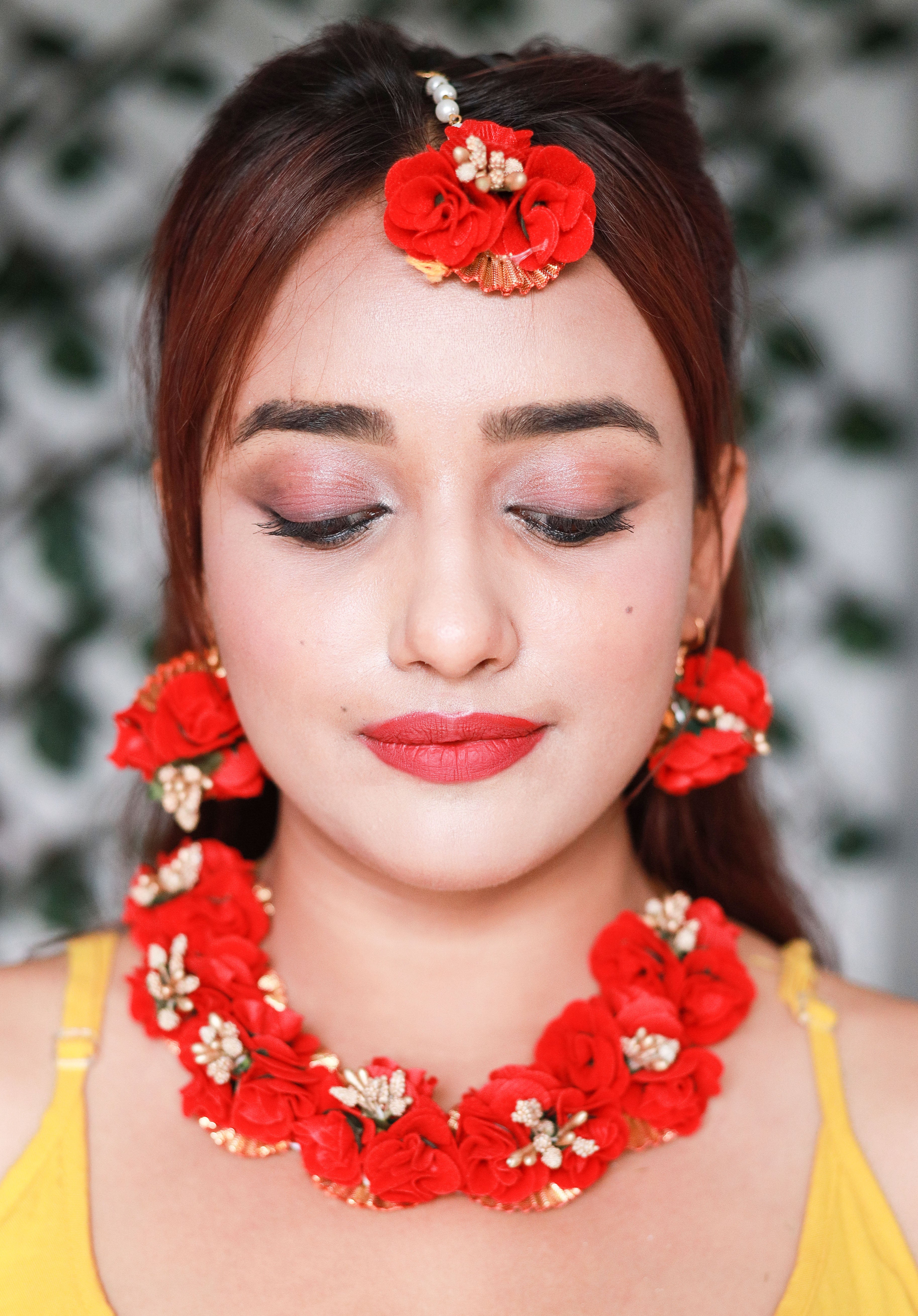 Flowers Jewellery Set For Haldi Gota Patti Necklace, Earrings, Bracelet & Maang Tika for Women & Girls (Mehandi/Haldi/Wedding/Bridal/Baby Shower)