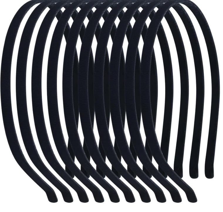 Pack 24 Plain Black Satin Cloth Fabric Covered Thin Slim Metal Headband Wire Hairband Elastic Skinny Velvet Hair Use For Women Men Crafting DIY Accessories