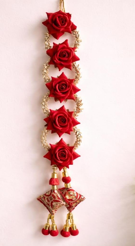 Red Rose Punjabi Paranda with Golden Embellishments and Decorative Tassels, Traditional Hair Accessory for Women (1Pc)