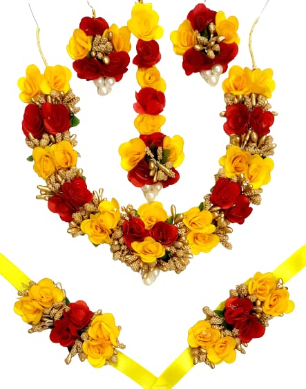Floral Flower Jewellery Set for Brides & Bridesmaids | Necklace, Earrings, Bracelet & Maang Tikka | Bridal Jewellery for Haldi, Mehndi, Wedding & Baby Shower Functions