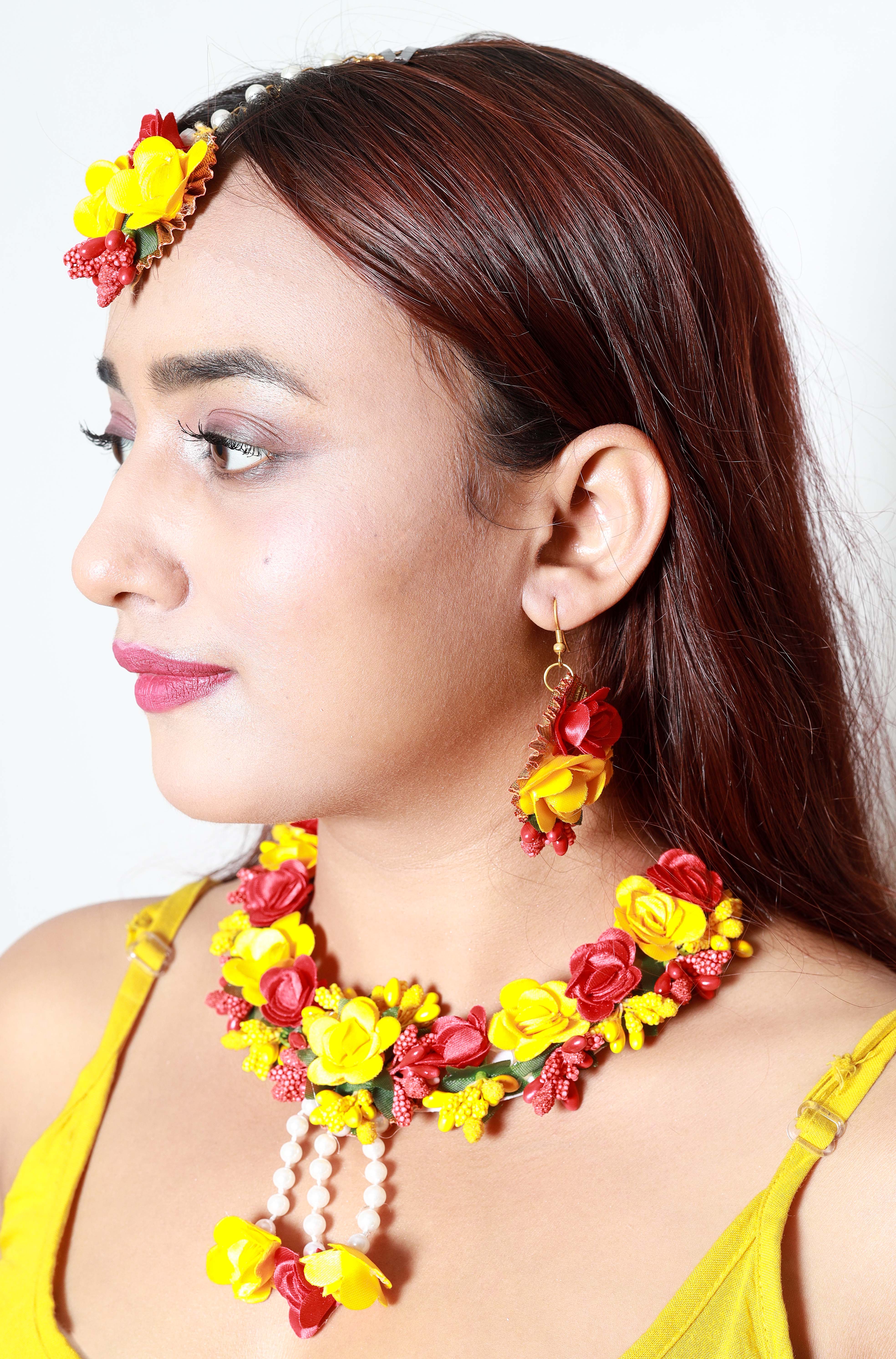 Handmade Red Yellow Floral Choker Set with Earrings & Maang Tikka for Haldi, Mehendi & Bridal Functions