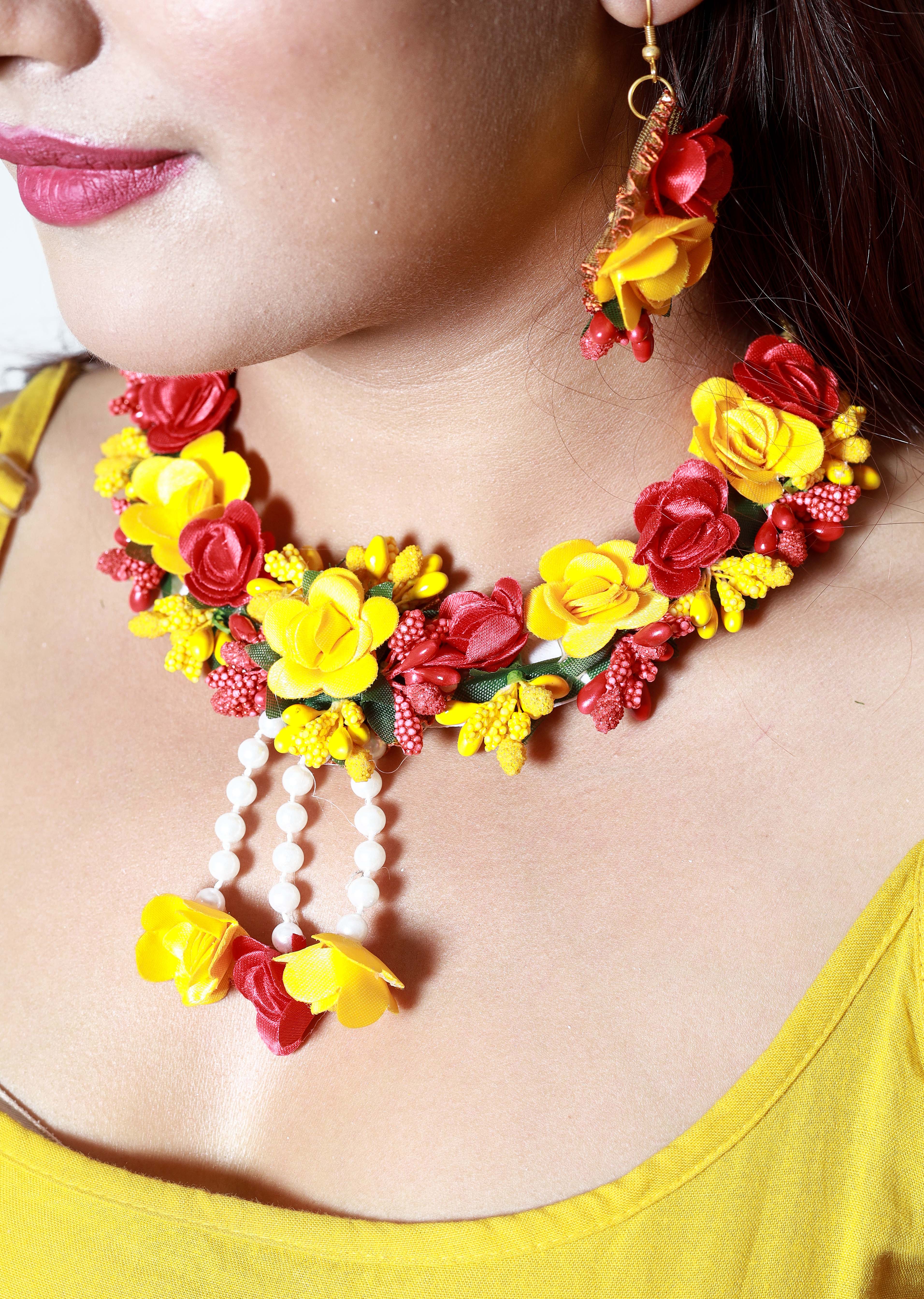 Handmade Red Yellow Floral Choker Set with Earrings & Maang Tikka for Haldi, Mehendi & Bridal Functions