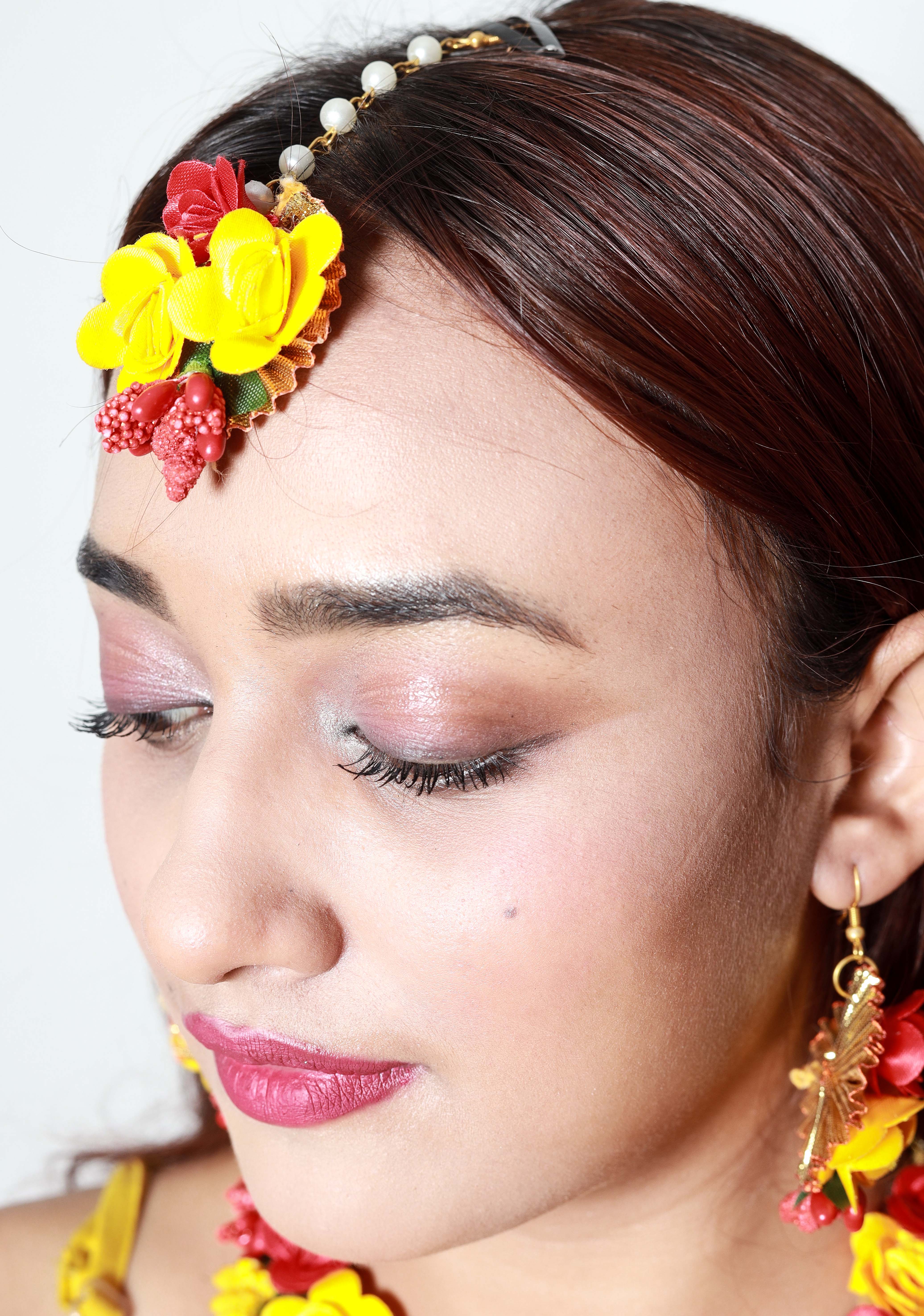 Handmade Red Yellow Floral Choker Set with Earrings & Maang Tikka for Haldi, Mehendi & Bridal Functions