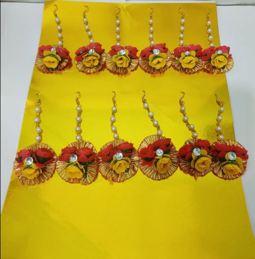 Designer Floral Maang Tikka Set of 24 for Women & Girls | Artificial Flower Bridal Hair Accessories | Bridesmaid Headpieces for Haldi, Mehndi, Weddings & Festive Occasions | Ethnic, Stylish & Lightweight Jewelry