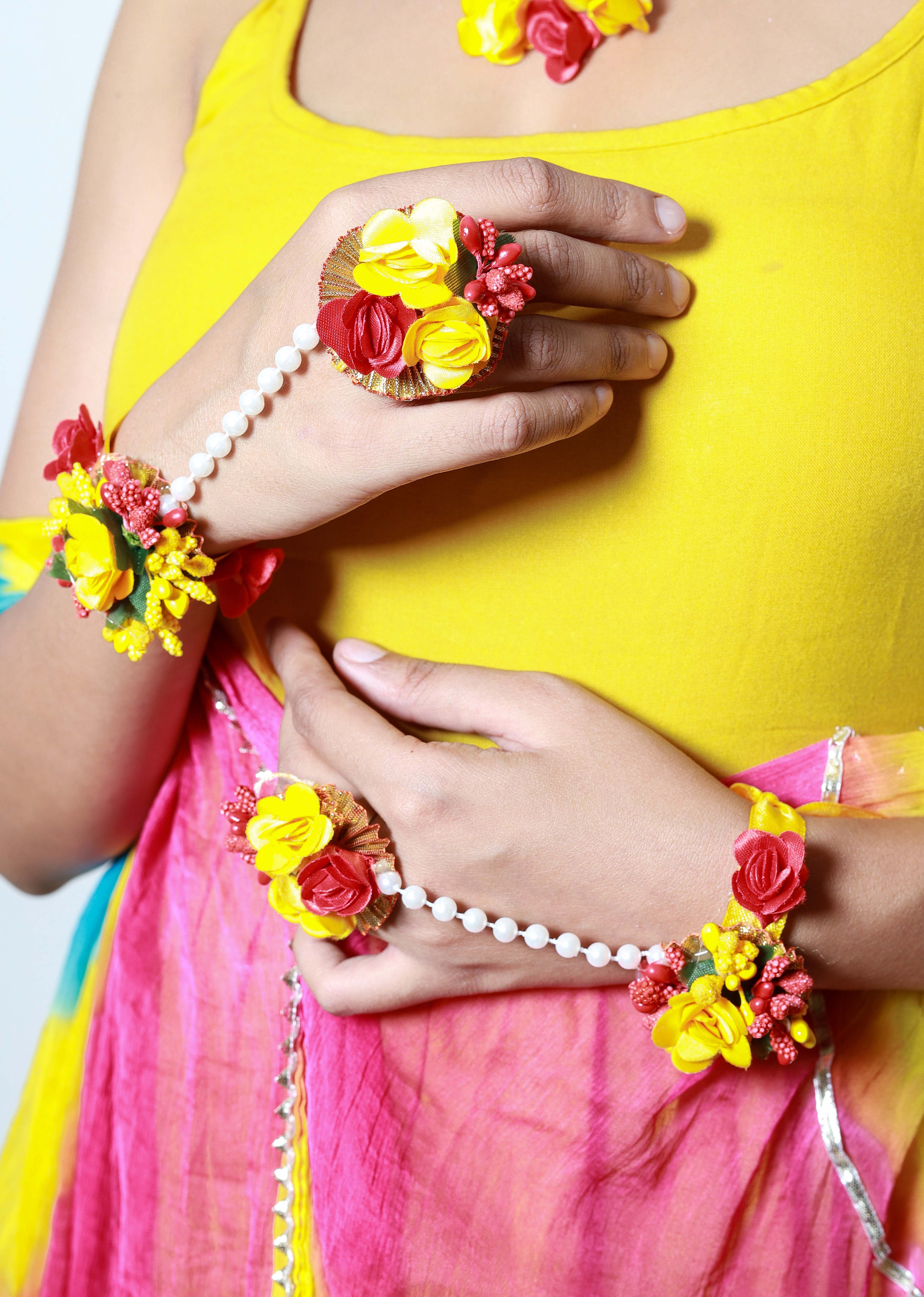 Handmade Red Yellow Floral Choker Set with Earrings & Maang Tikka for Haldi, Mehendi & Bridal Functions