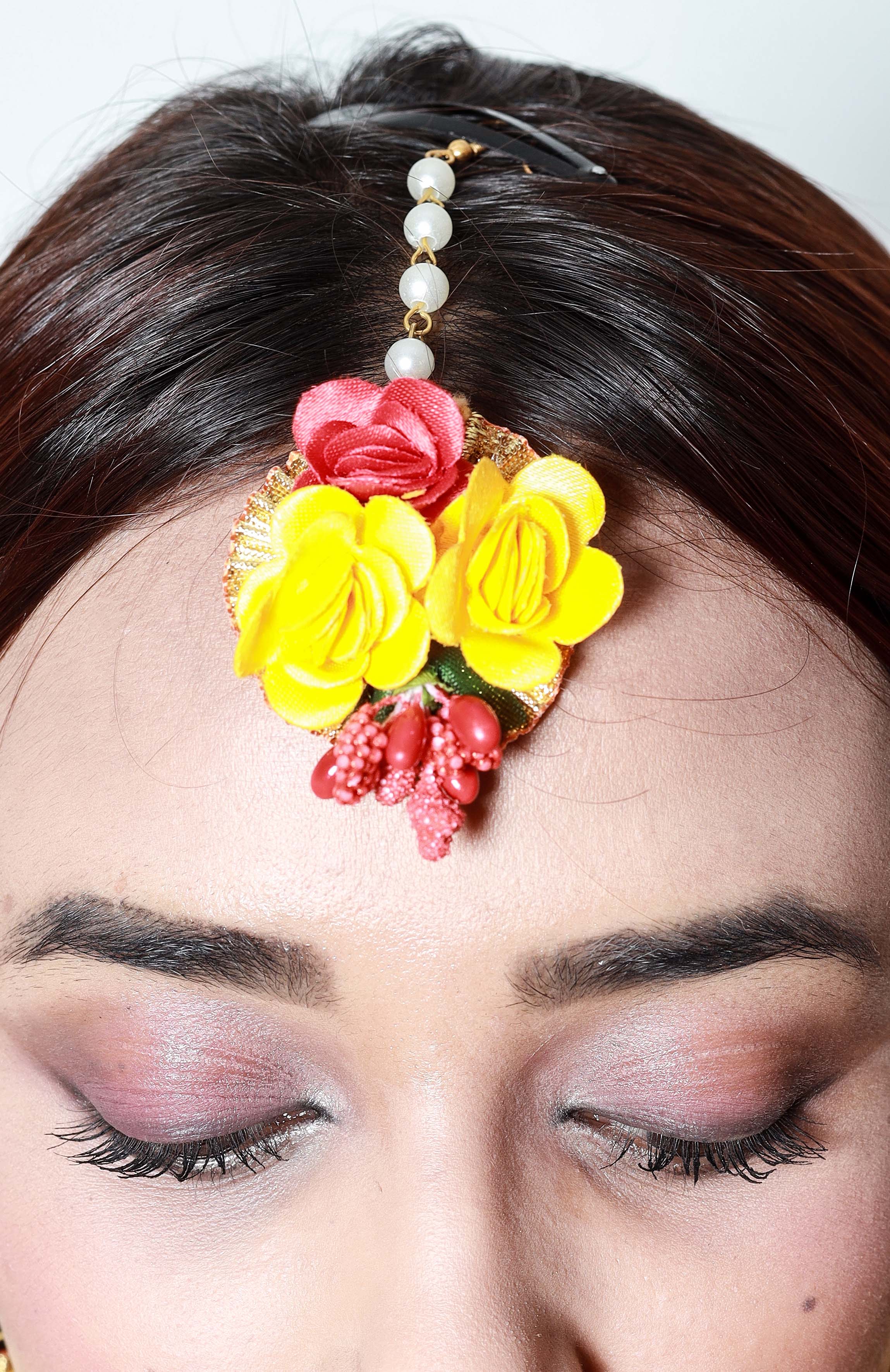 Handmade Red Yellow Floral Choker Set with Earrings & Maang Tikka for Haldi, Mehendi & Bridal Functions