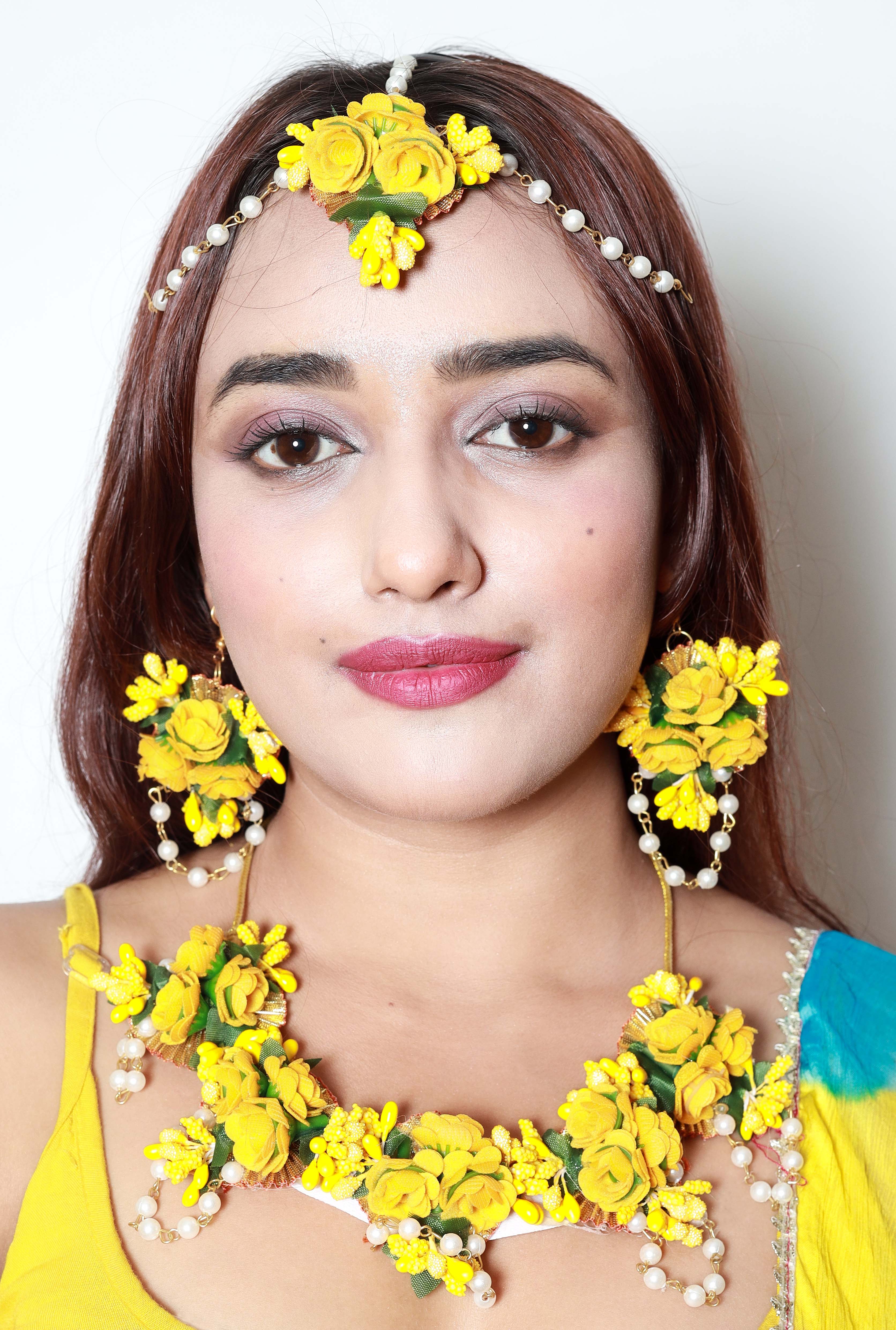 Handmade Yellow Floral Jewelry Set with Pearl Detailing, Maang Tikka & Earrings for Haldi & Mehendi