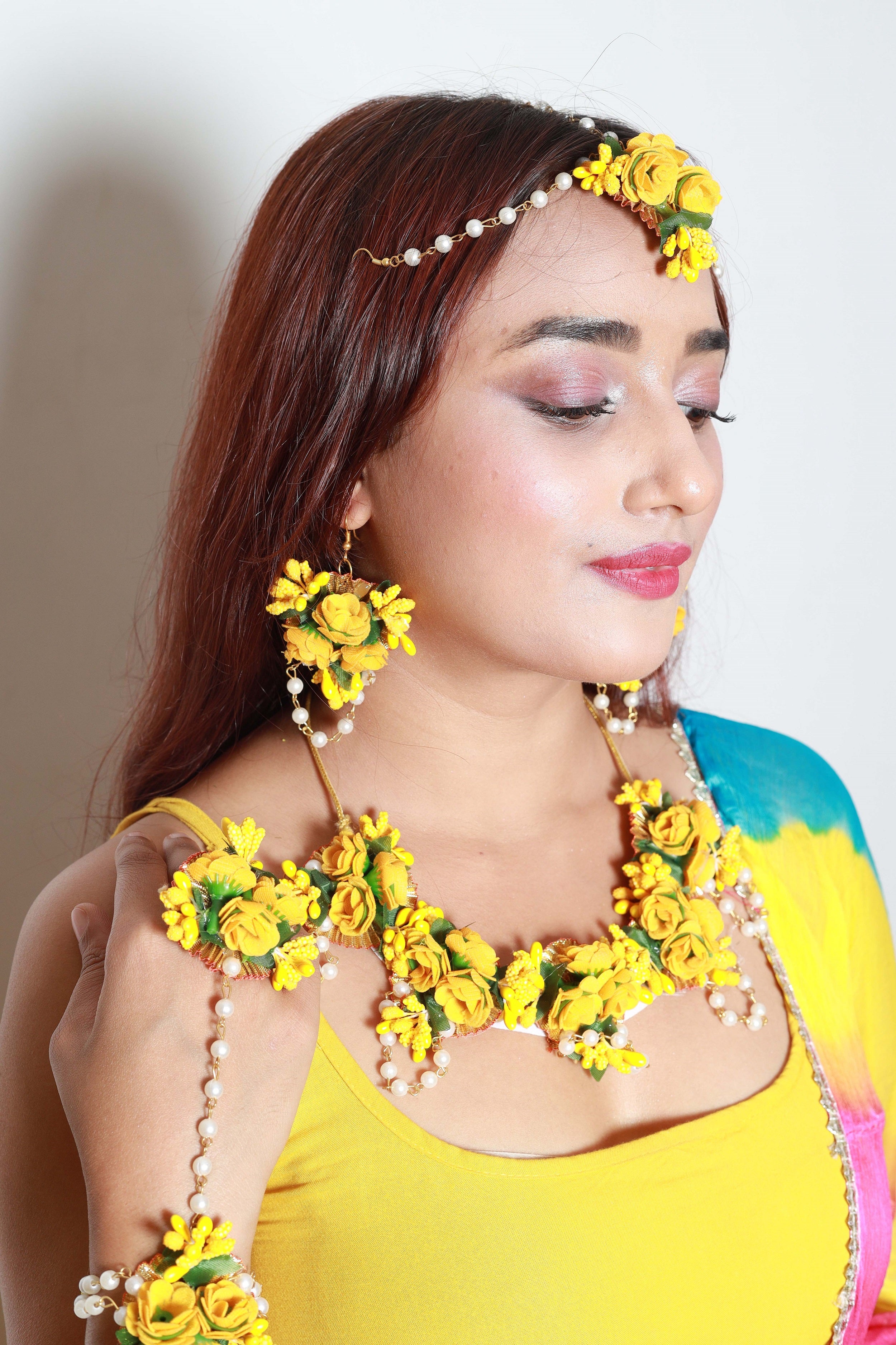 Handmade Yellow Floral Jewelry Set with Pearl Detailing, Maang Tikka & Earrings for Haldi & Mehendi