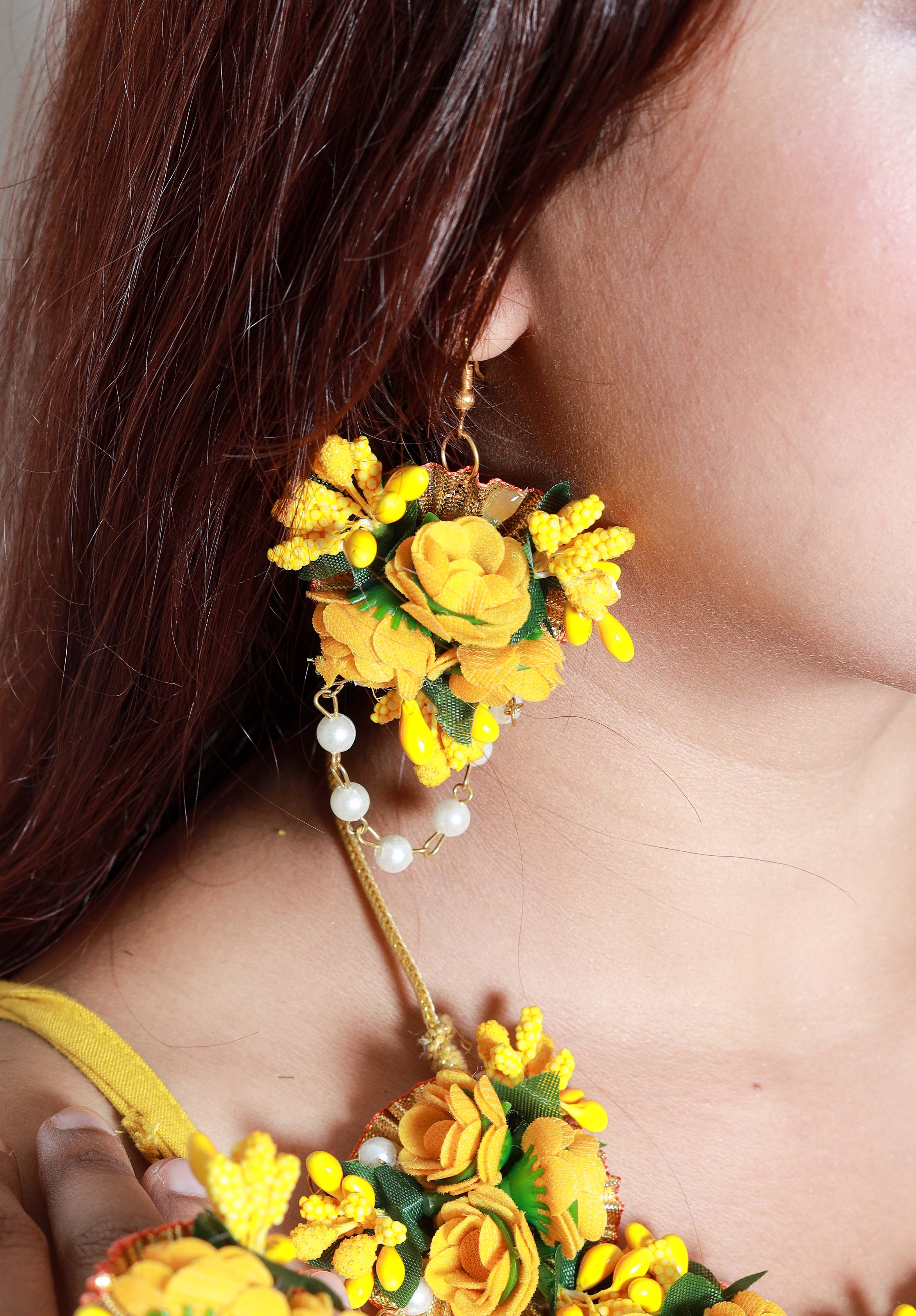 Handmade Yellow Floral Jewelry Set with Pearl Detailing, Maang Tikka & Earrings for Haldi & Mehendi