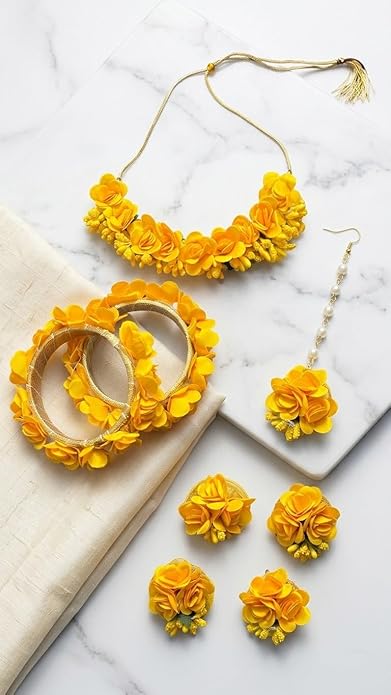 Artificial Flower Jewellery Set for haldi | Mehndi | Baby Shower | Set of Flower Bangles, Earrings, Mangtika and Necklace.Yellow