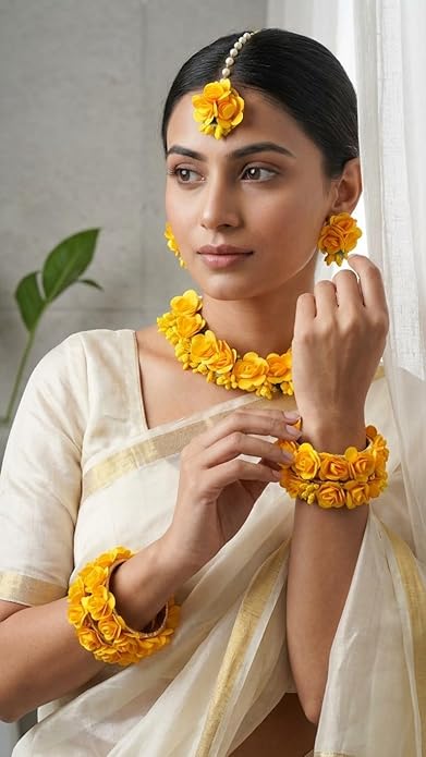 Artificial Flower Jewellery Set for haldi | Mehndi | Baby Shower | Set of Flower Bangles, Earrings, Mangtika and Necklace.Yellow
