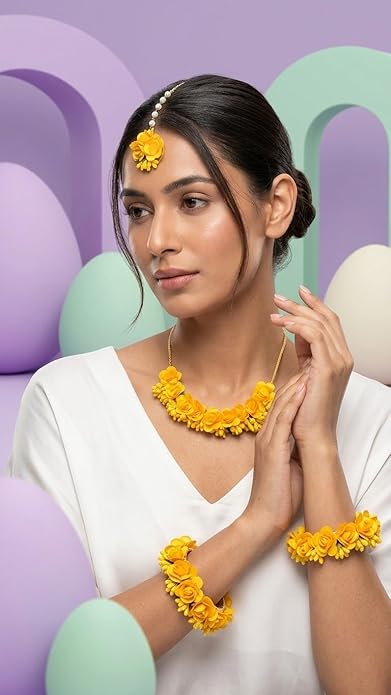 Artificial Flower Jewellery Set for haldi | Mehndi | Baby Shower | Set of Flower Bangles, Earrings, Mangtika and Necklace.Yellow