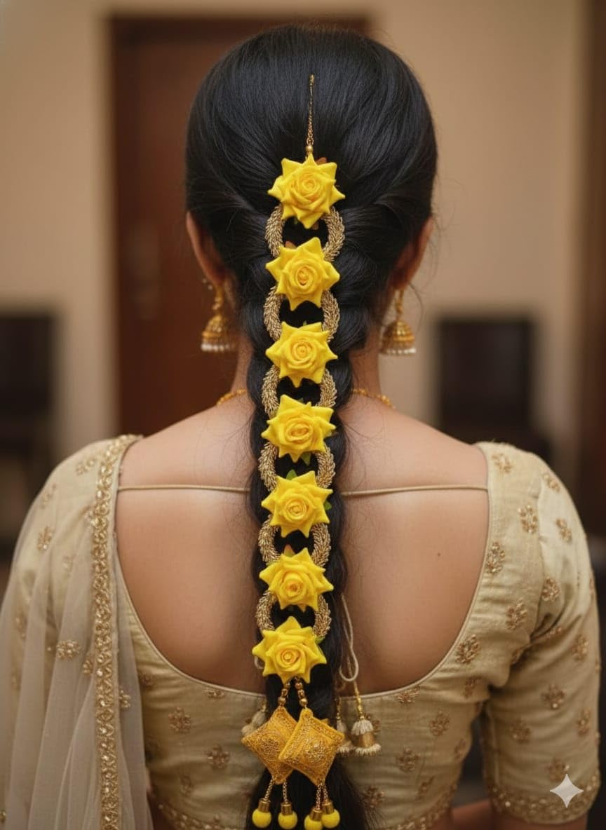 Hair Extensions Punjabi Paranda with Vibrant Yellow Artificial Foam Rose, Traditional Hair Accessory, 1 Pc